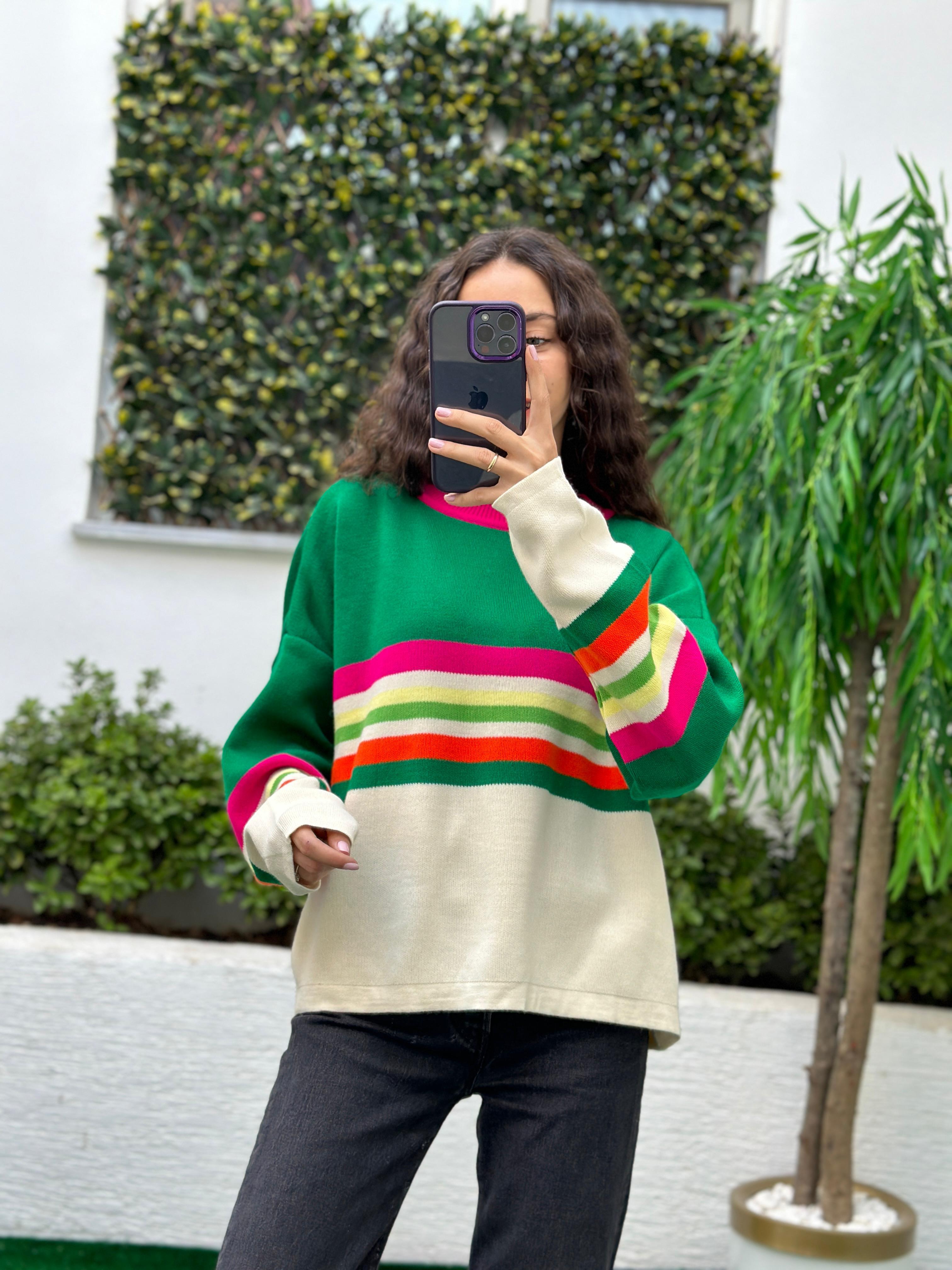 3388 Yeşil Çizgili Renkli Kazak