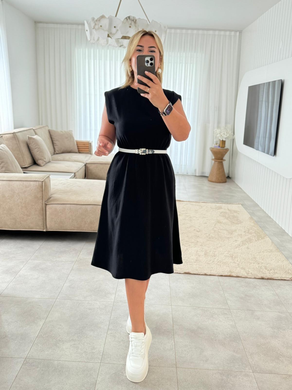 6641 Siyah Bel Lastikli Elbise