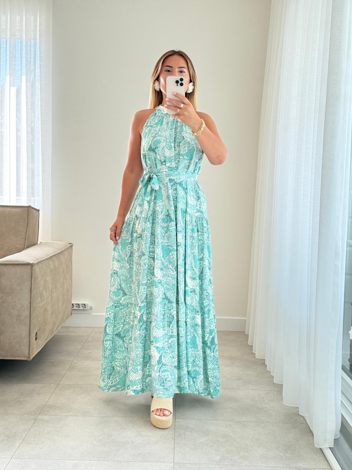 8281 Yeşil Kat Kat Maxi Elbise
