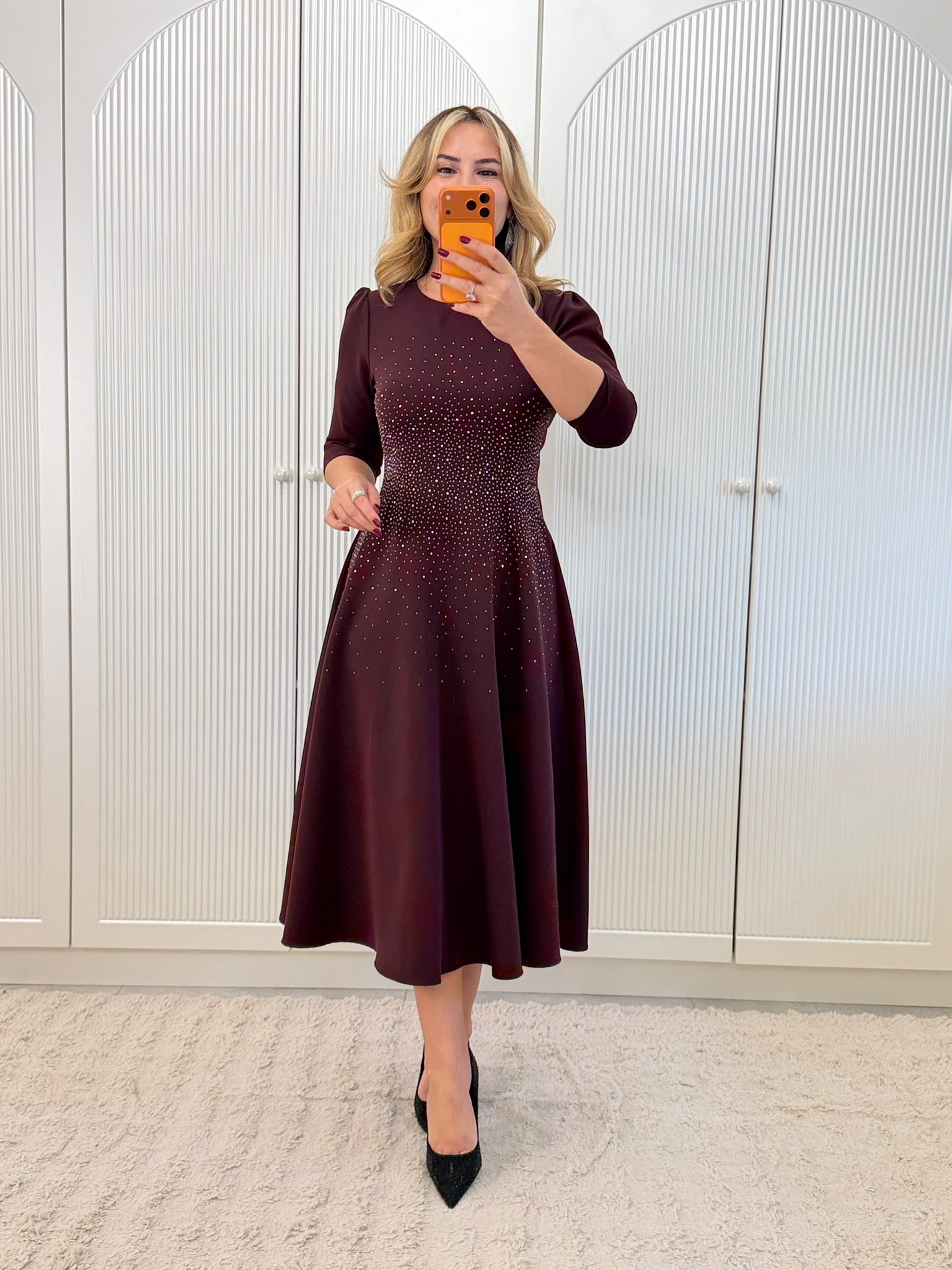 9896 Bordo Premium Taş Baskı Detay Double Elbise