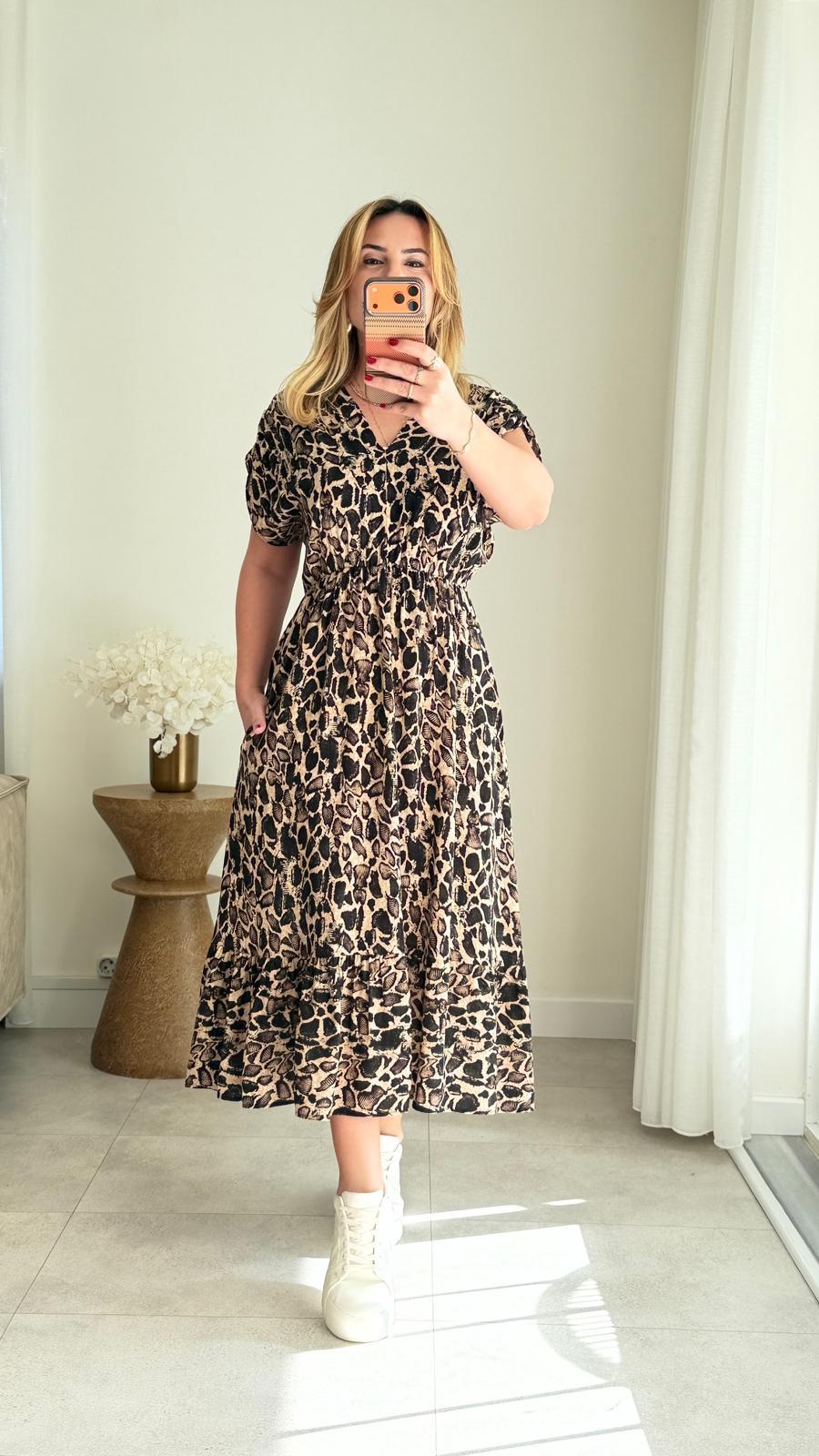 8922 Leopar Desen v Yaka Bel Lastikli Elbise