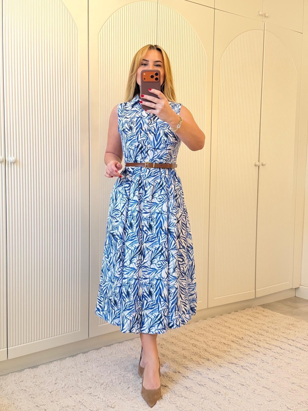 9281 Deri Kemerli Mavi Desen Elbise