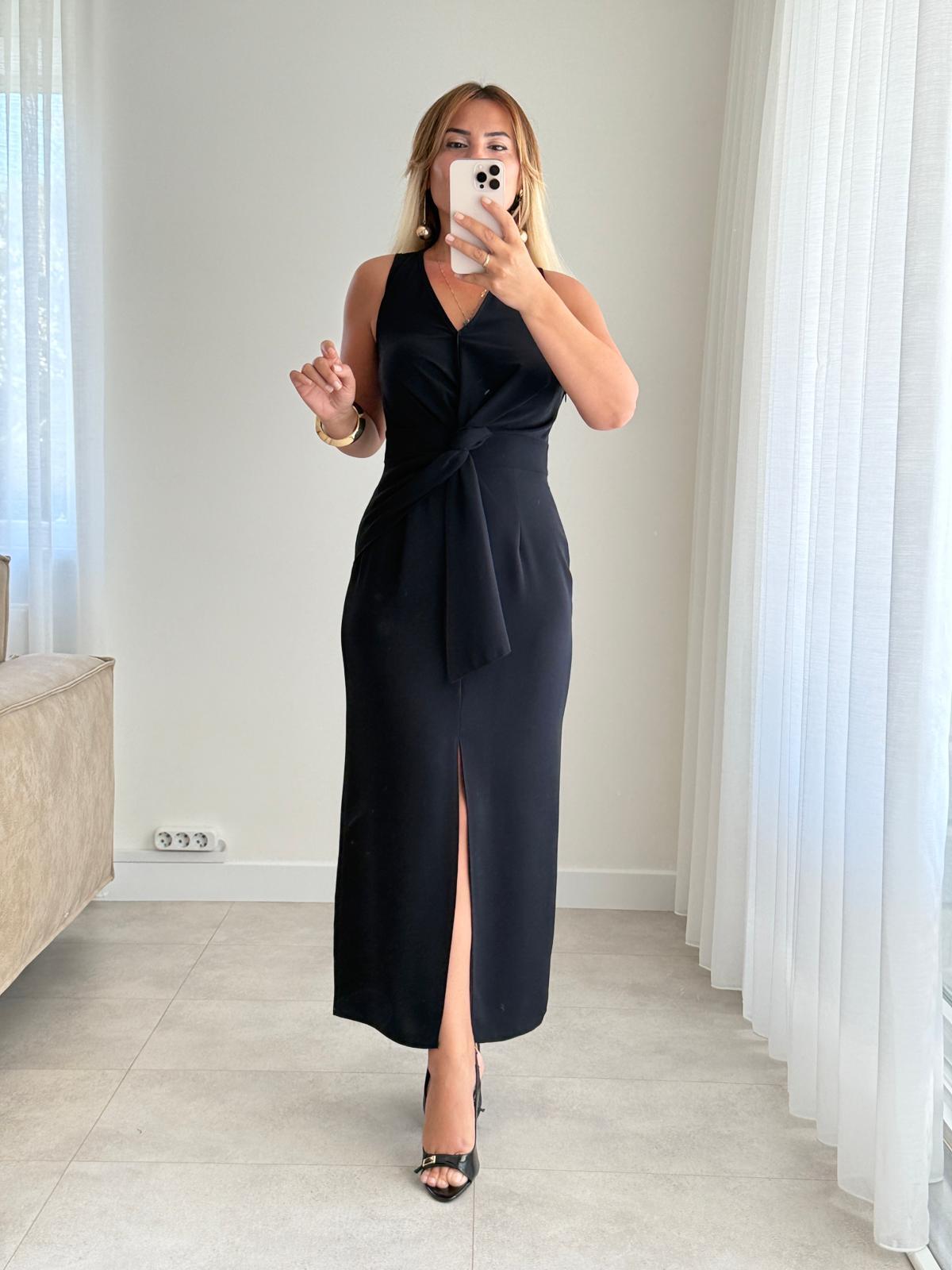 8406 Siyah Ön Düğümlü Kruvaze Elbise