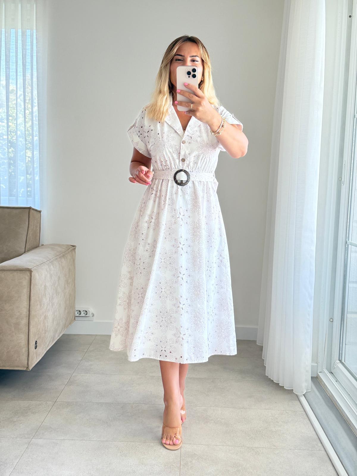 8229 Ekru Vizon Kemerli Elbise