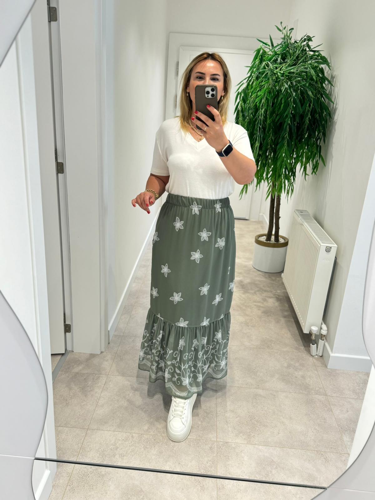 6152 Haki Astarlı Şifon Etek