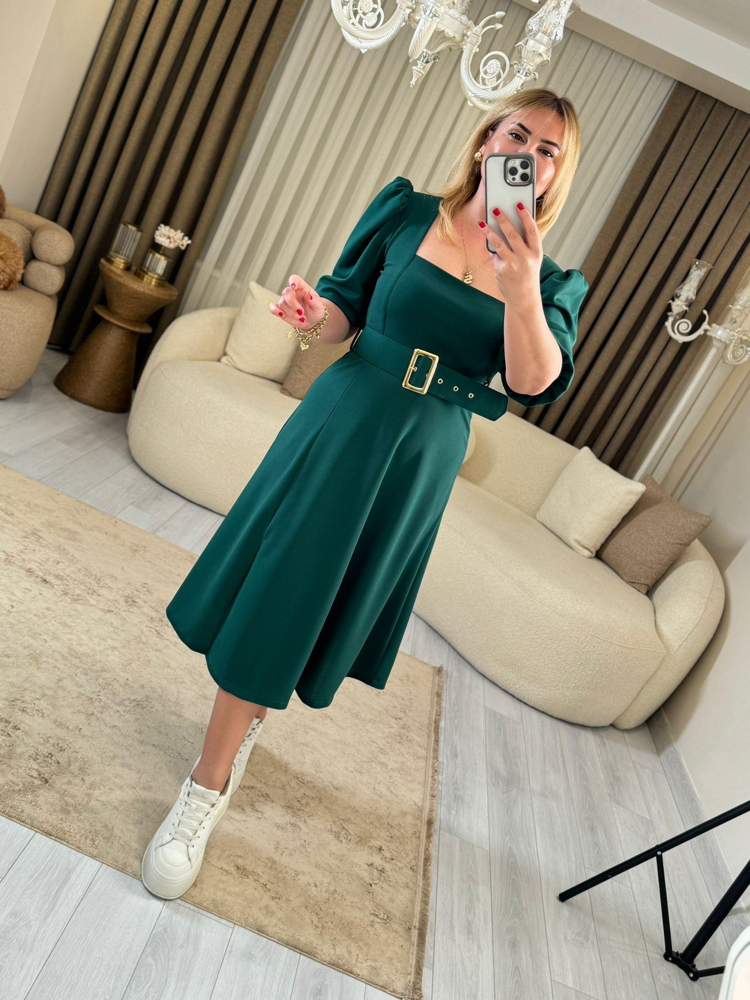 5819 Zümrüt Kemerli Midi Elbise