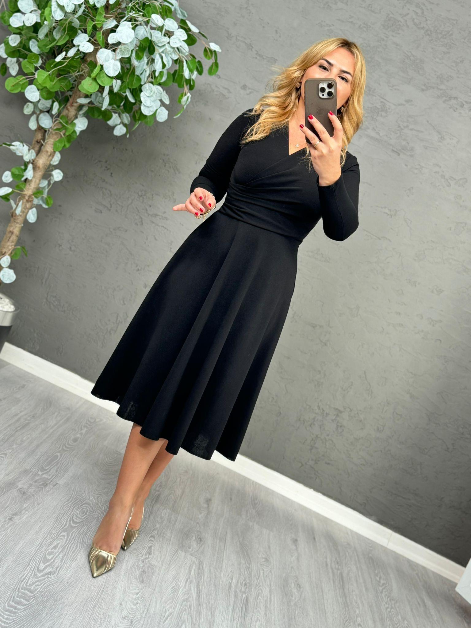 5441 Siyah Kruvaze Midi Elbise