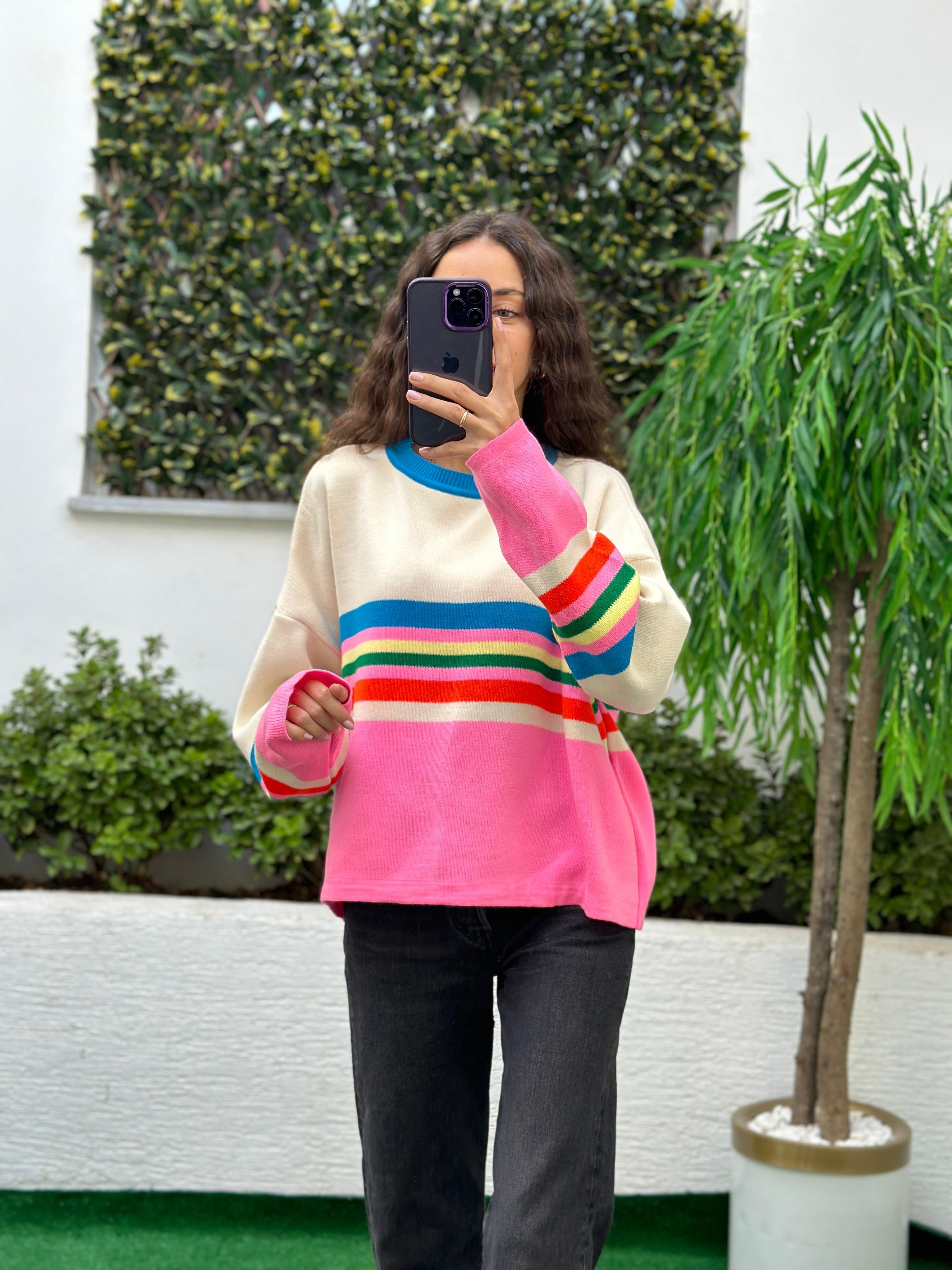 3389 Pembe Çizgili Renkli Kazak