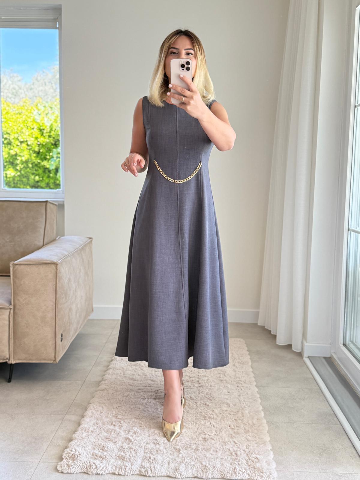 7860 Zincir Detaylı Antrasit Elbise