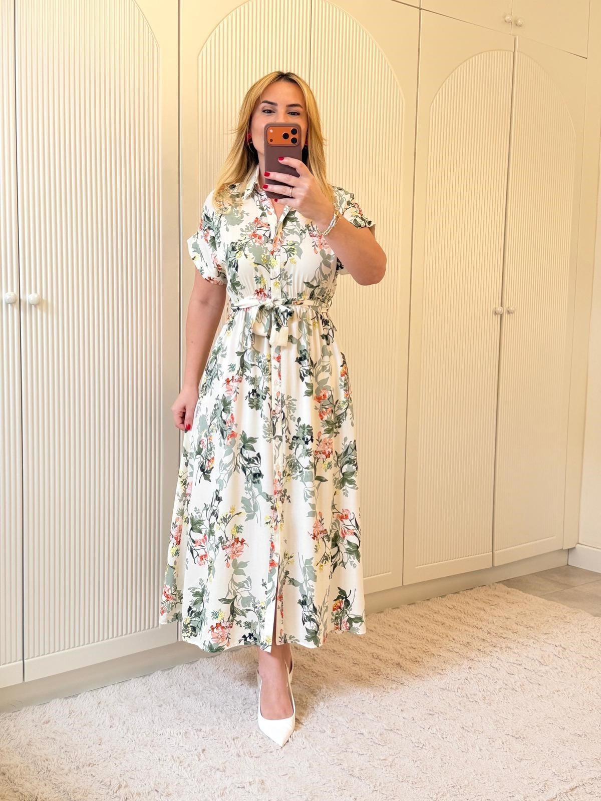 9277 Kısa Kollu Yeşil Desen Elbise