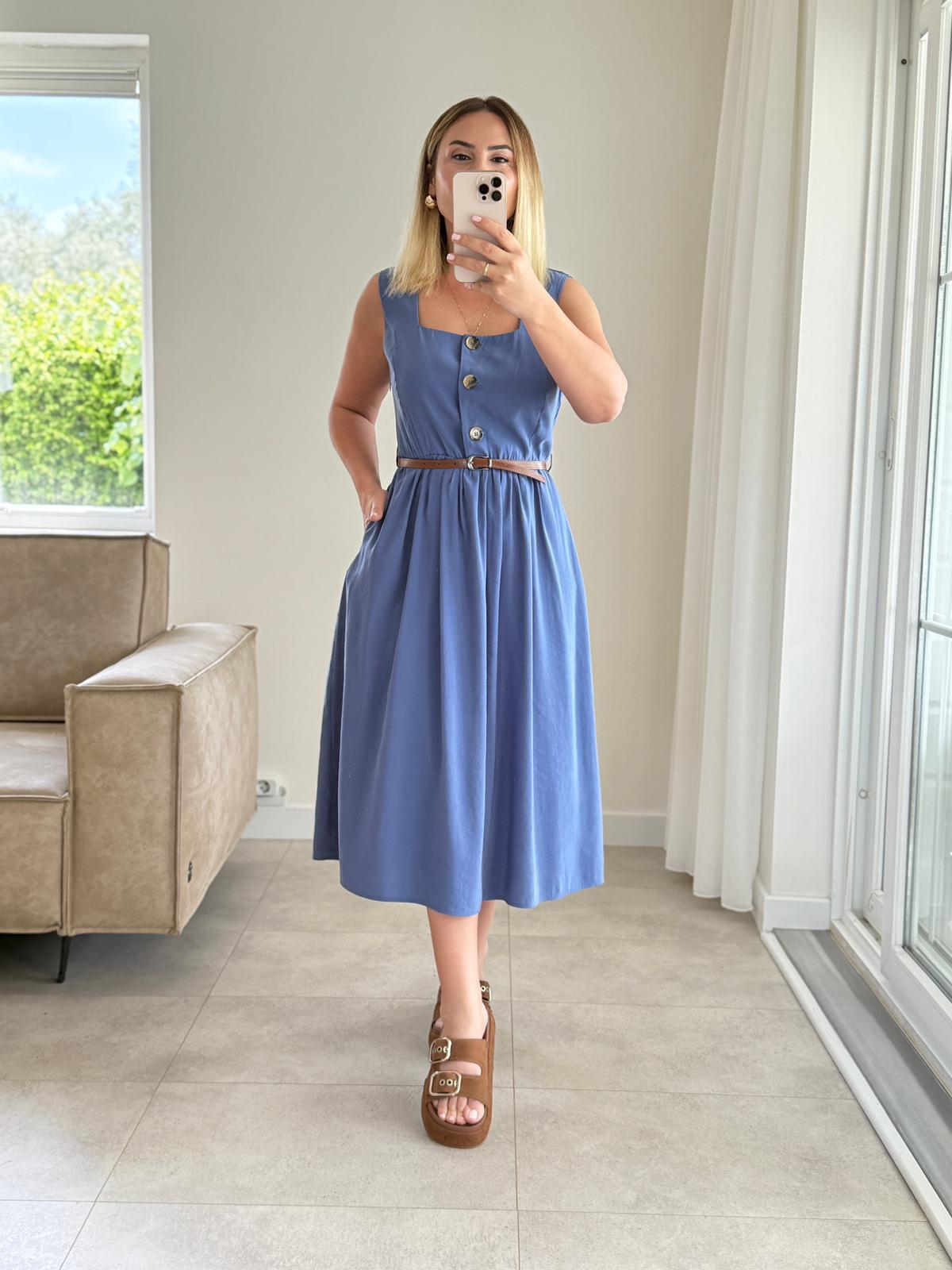 7893 İndigo Kare Yaka Düğmeli Elbise