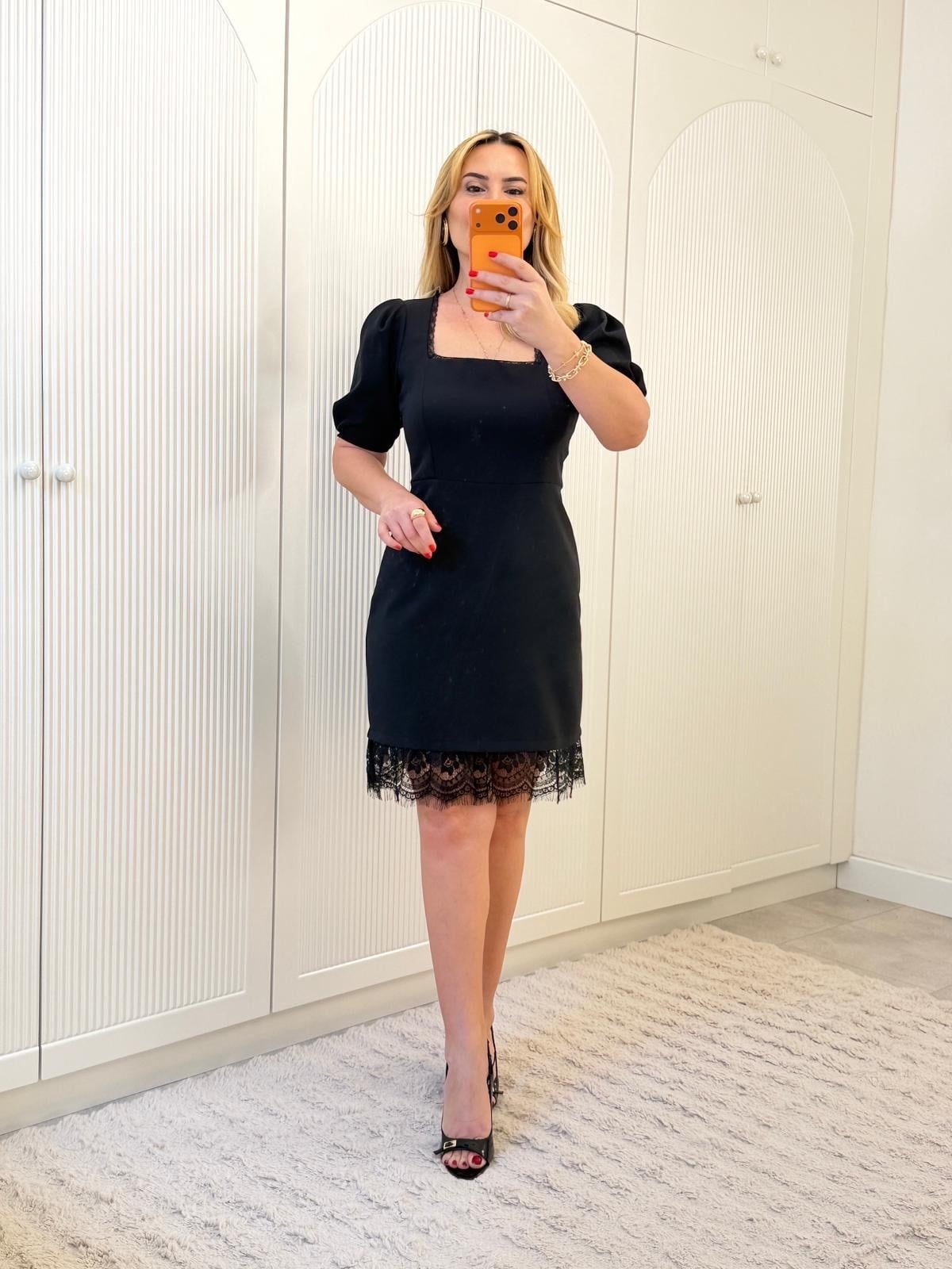 9270 Siyah Kare Yaka Dantel Detay Premium Elbise