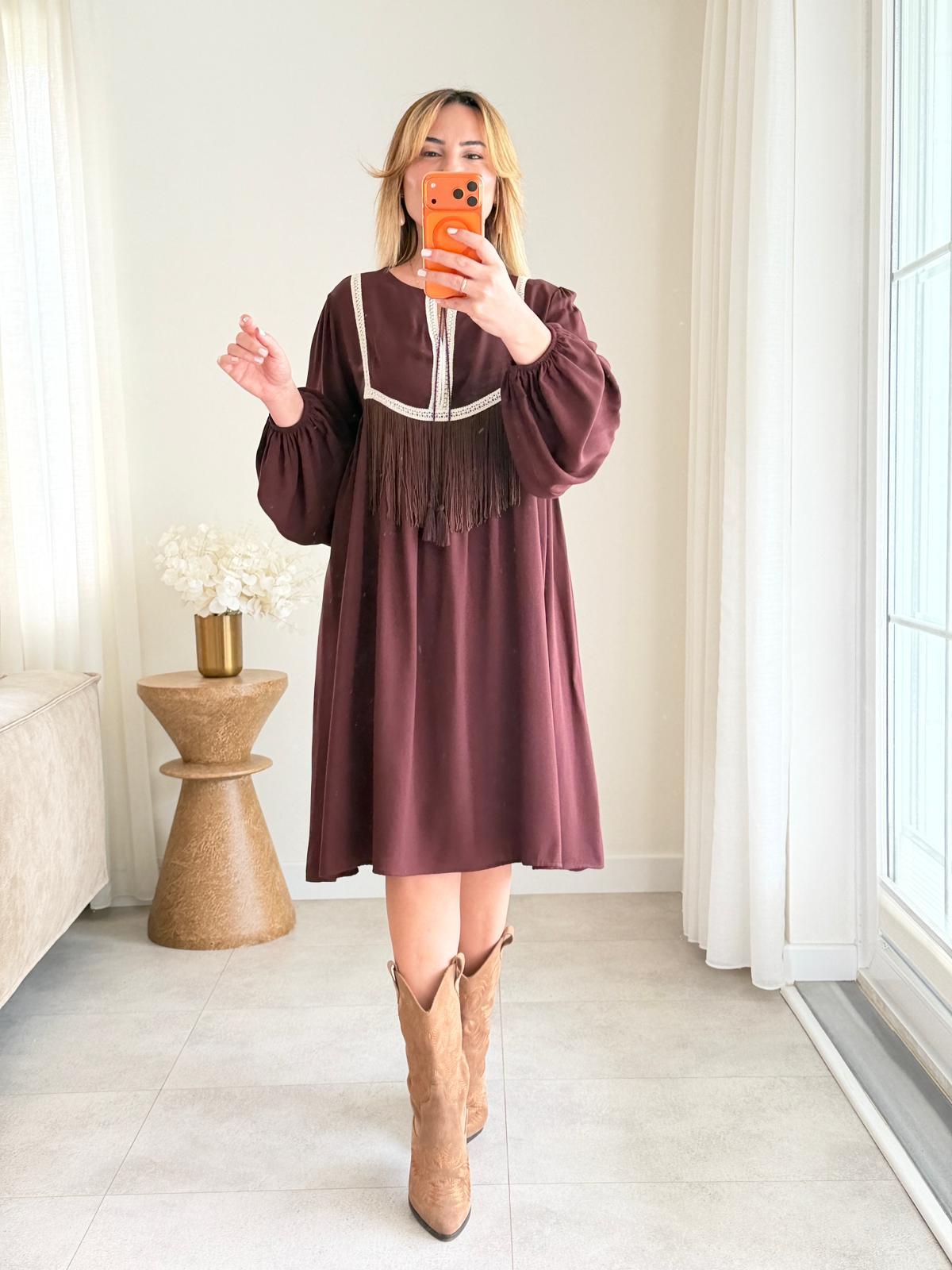 8979 Kahve Püskül Detay Elbise