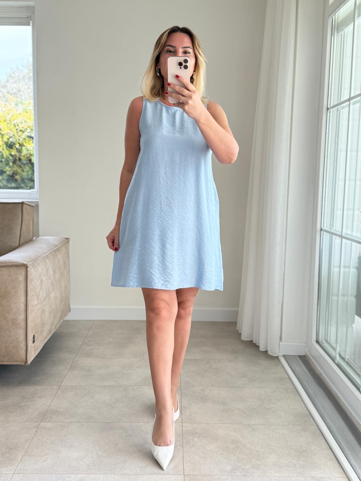 7780 Bebe Mavi Kolsuz Mini Elbise