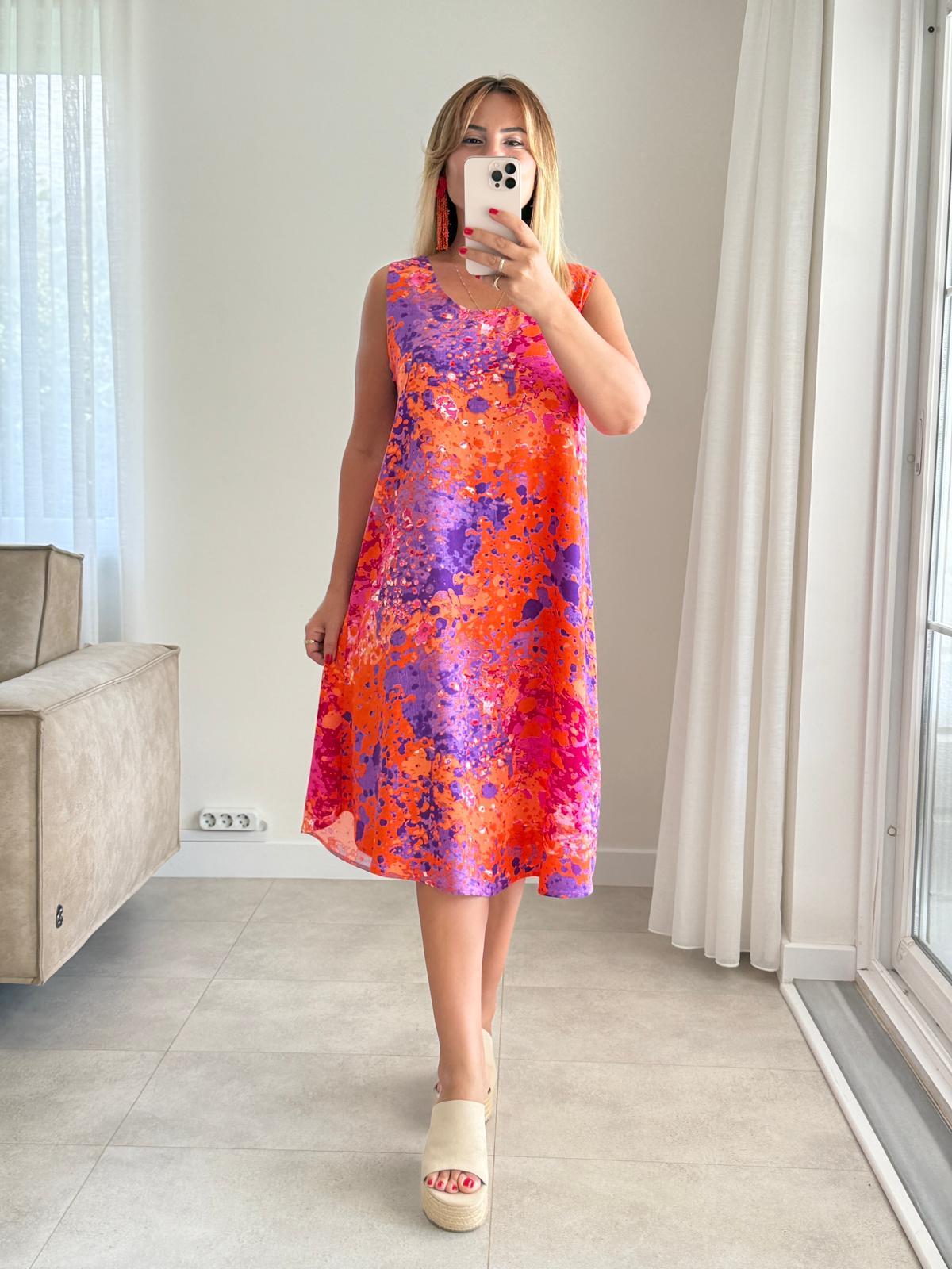 8389 Turuncu Batik Elbise