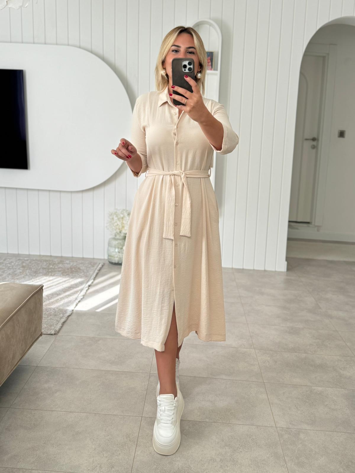 6769 Bej Tensel Gömlek Elbise