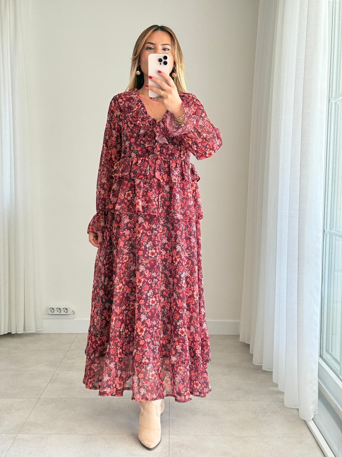 8513 Turuncu Fırfır Detaylı Şifon Elbise