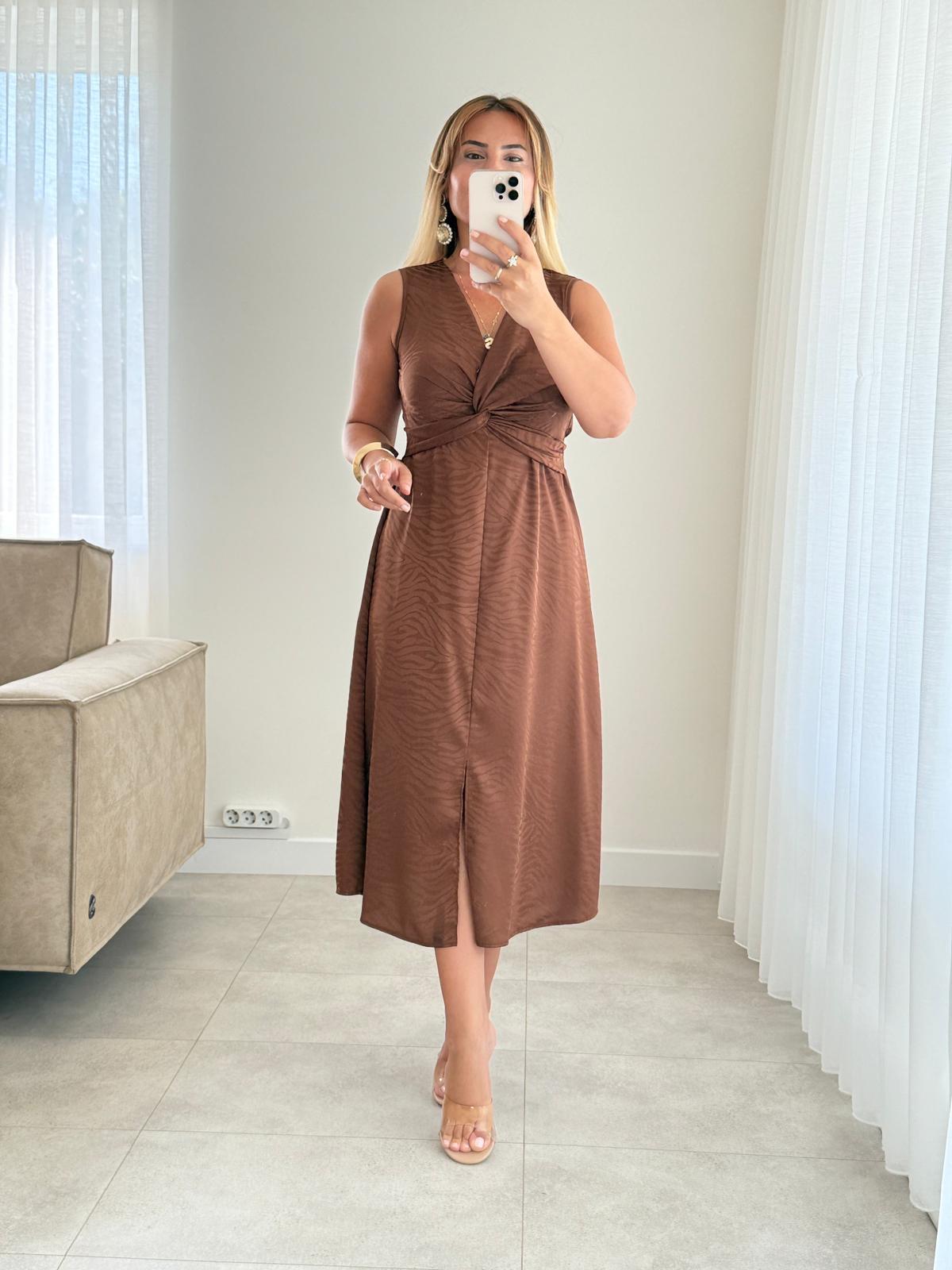 8373 Kahve Ön Düğümlü Zebra Elbise