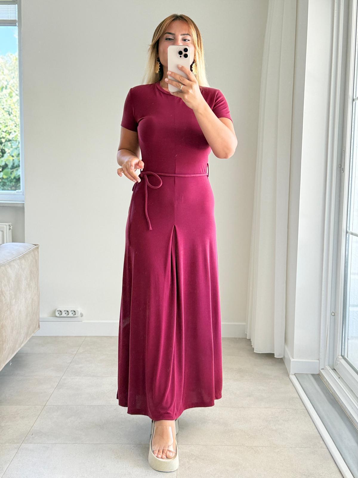 7831 Bordo Bel İpli Modal Elbise