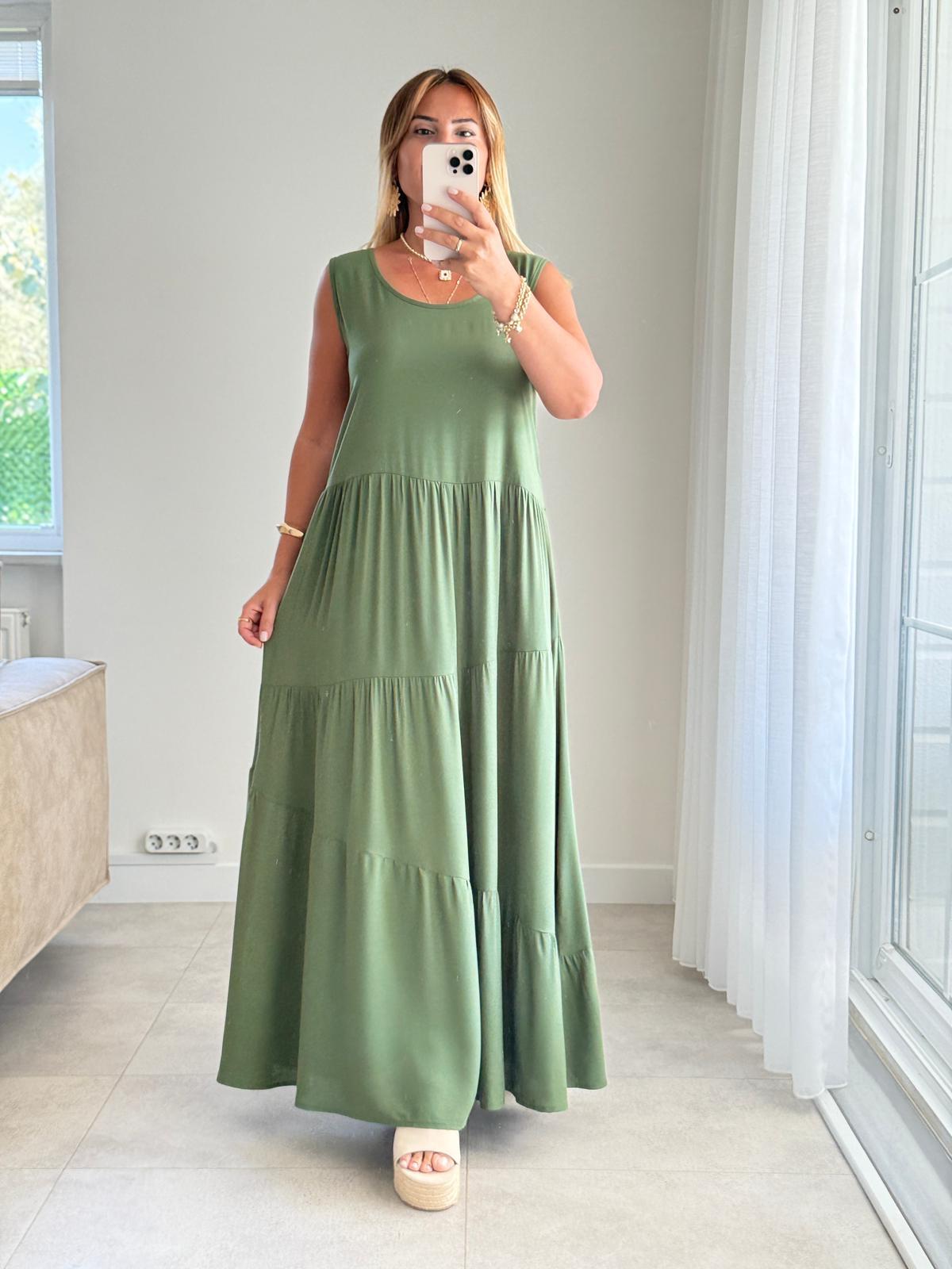 8418 Haki Bisiklet Yaka Katlı Maxi Elbise