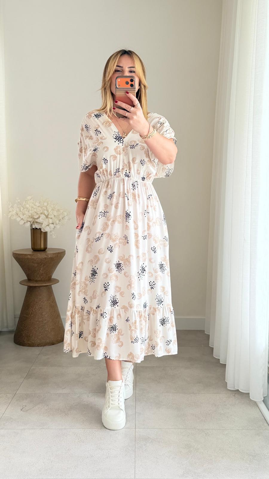 8936 Ekru Gül Desen v Yaka Bel Lastikli Elbise