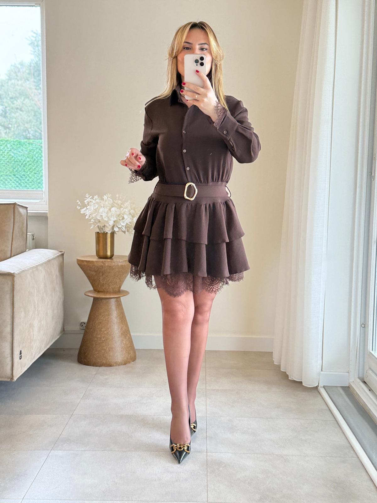 8891 Orj Marka Kahve Kol ve Etek Ucu Dantel Elbise