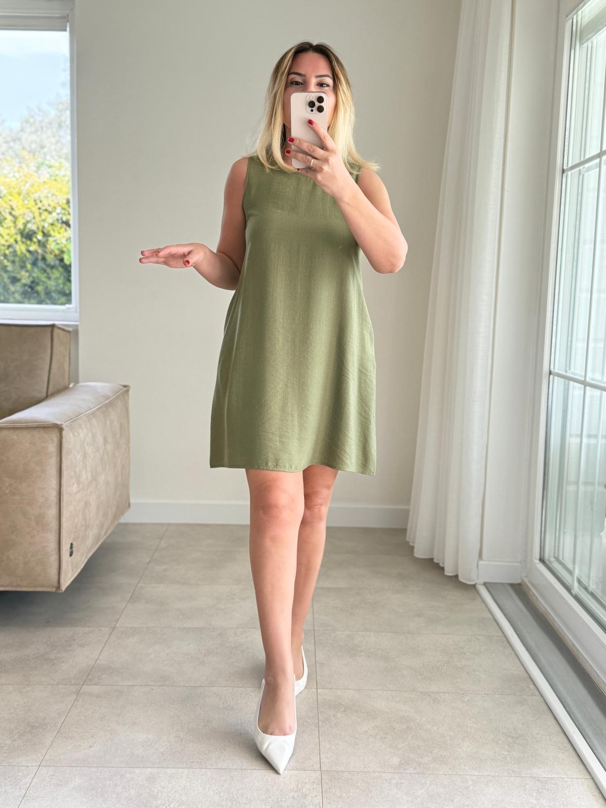 7783 Haki Kolsuz Mini Elbise