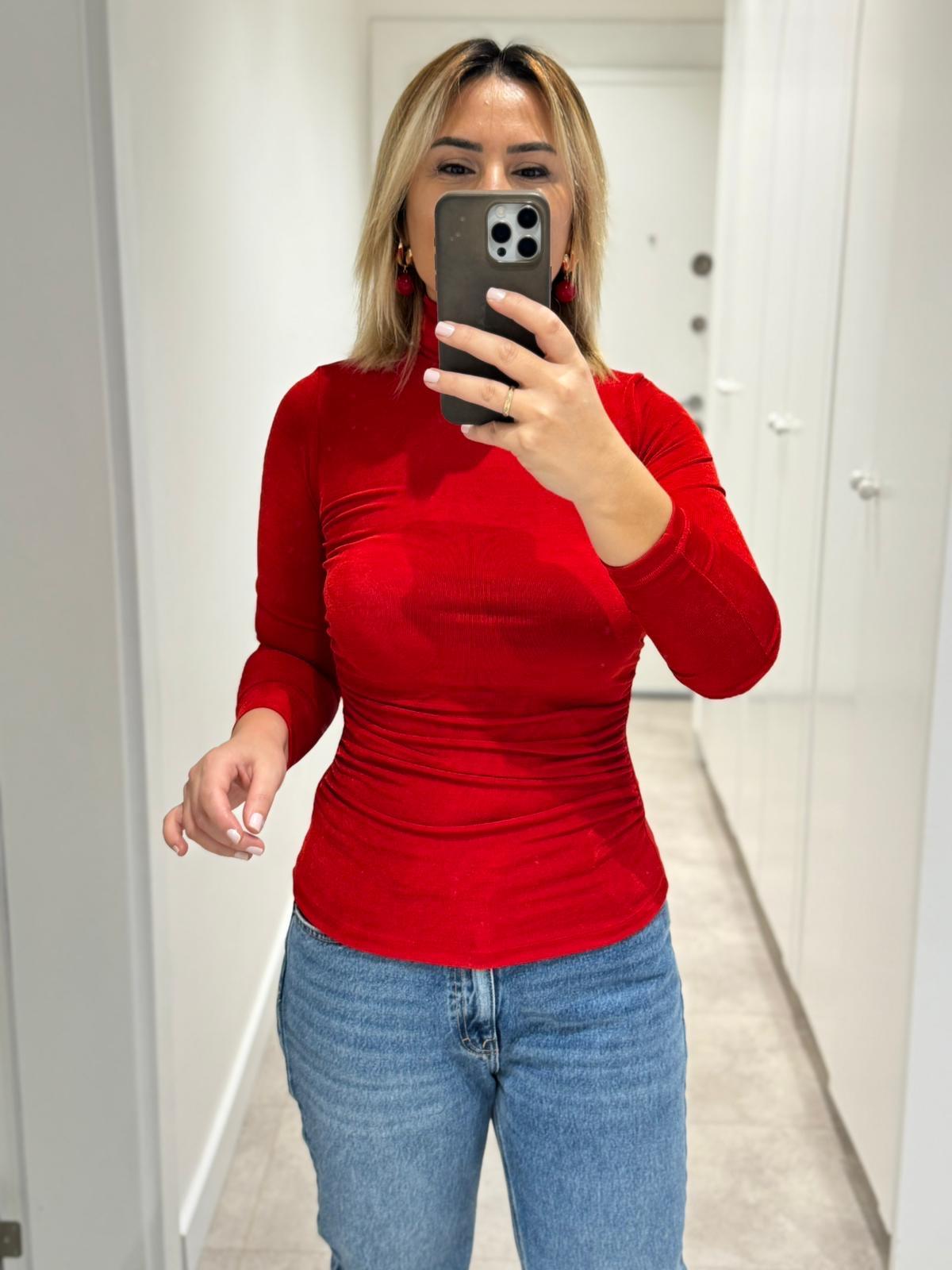 7207 Kırmızı Balıkçı Yaka Bluz