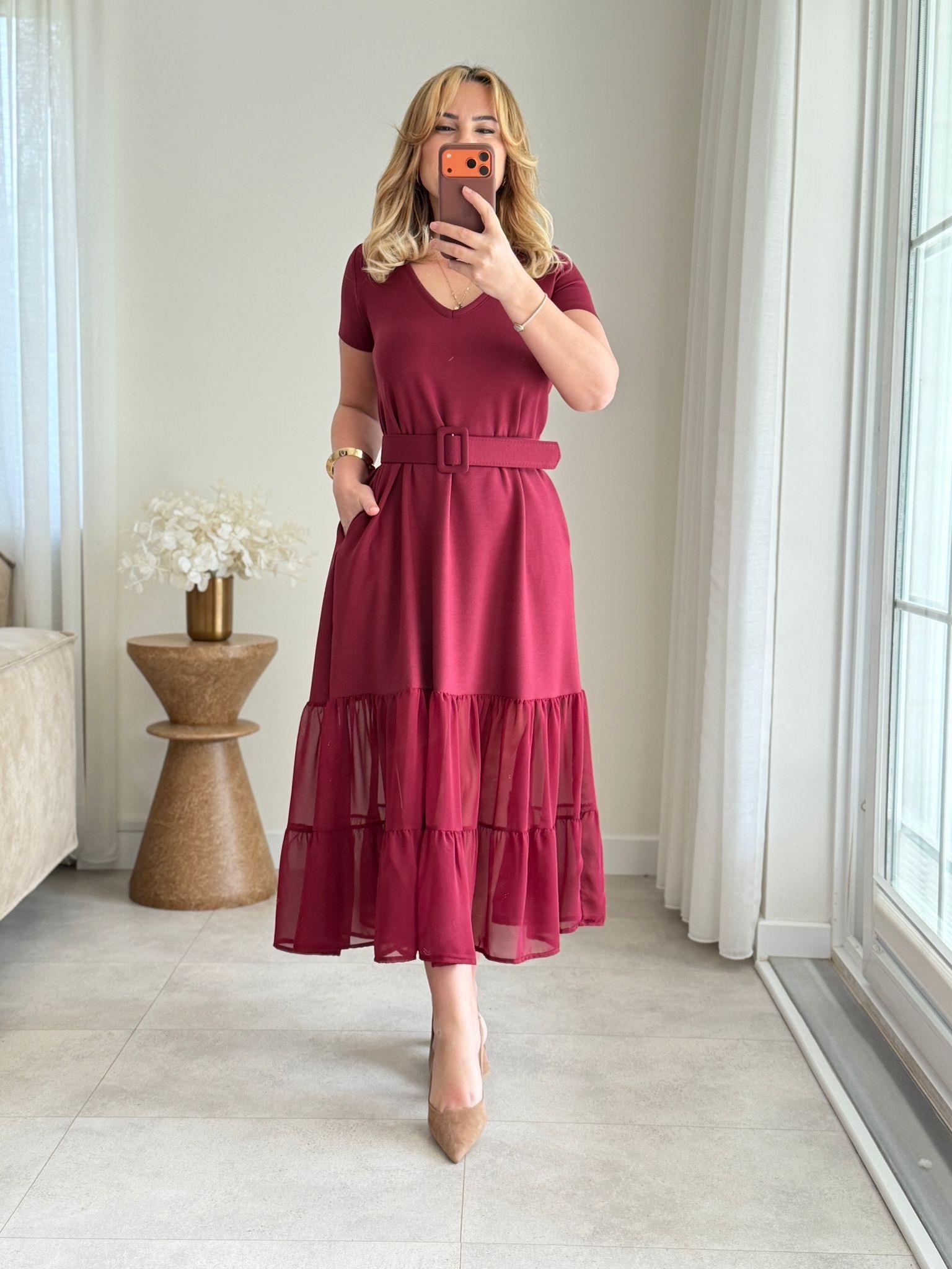 9038 Bordo V Yaka Kemerli Elbise