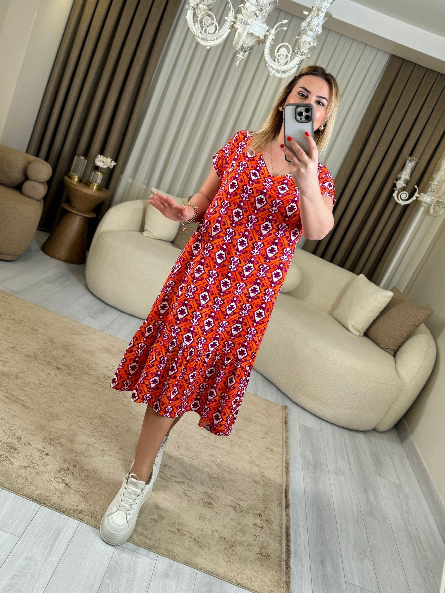 5830 Orange Desen Pamuk Elbise