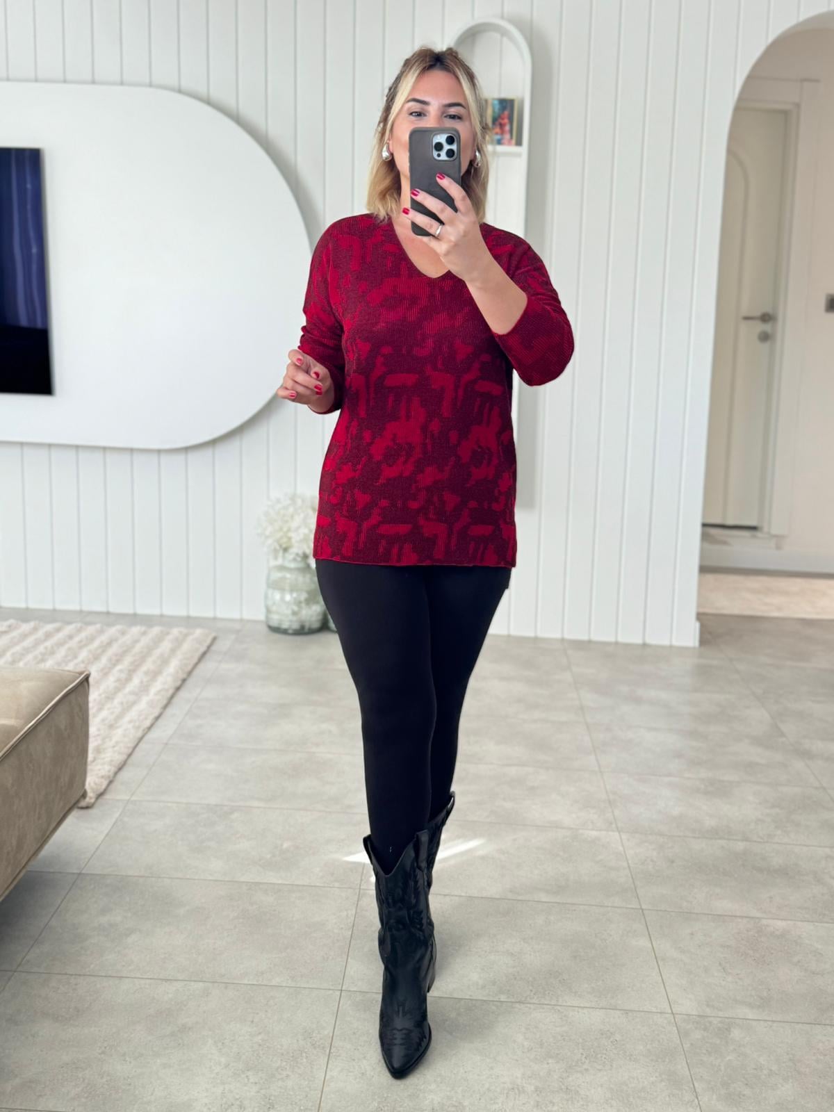 6880 Kırmızı Desenli Simli Triko