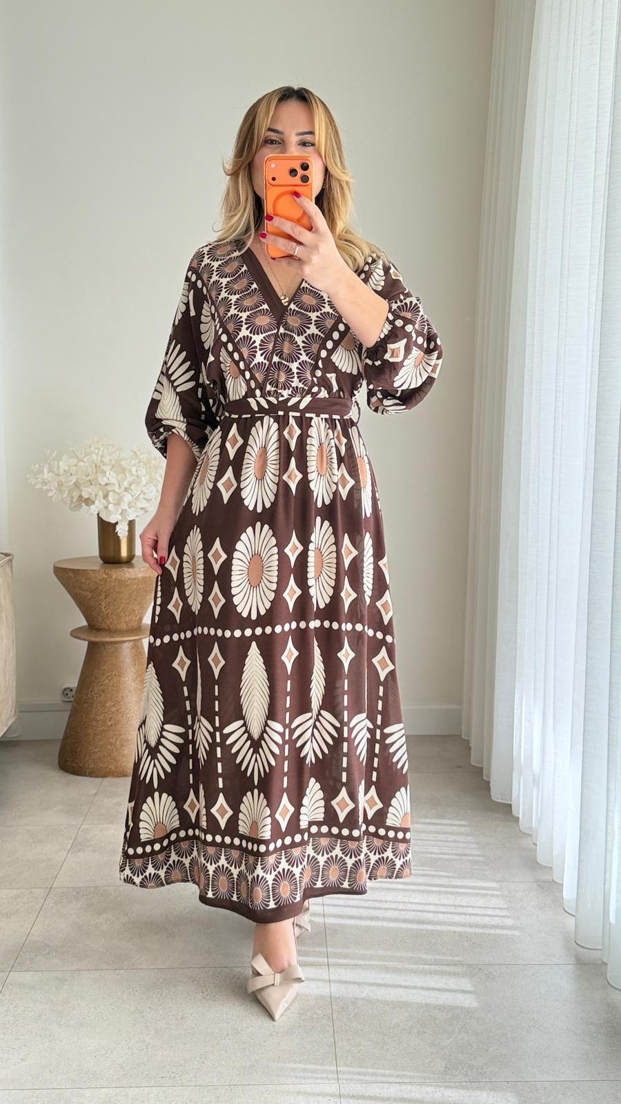 8903 Kahve Kruvaze Yaka Viskon Elbise