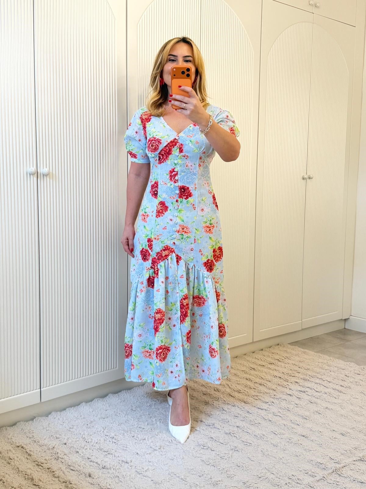 9299 Bebe Mavi Gül Desen Elbise