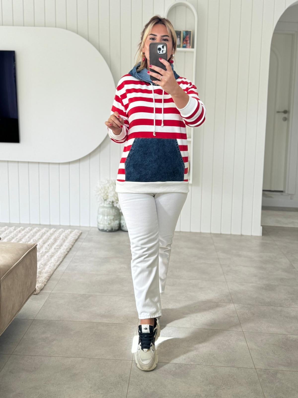 6862 Kırmızı Jean Detaylı Sweat