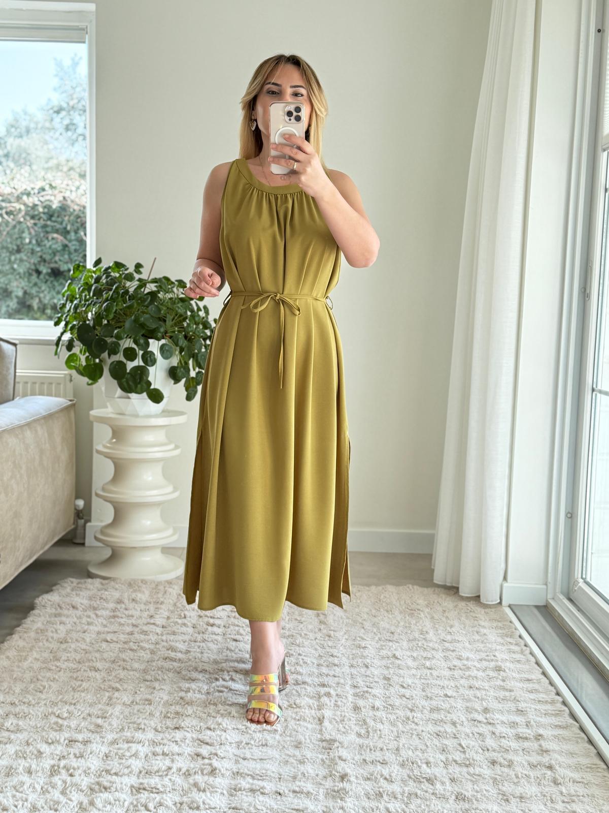 6749 Olive Bel İpli Geniş Elbise