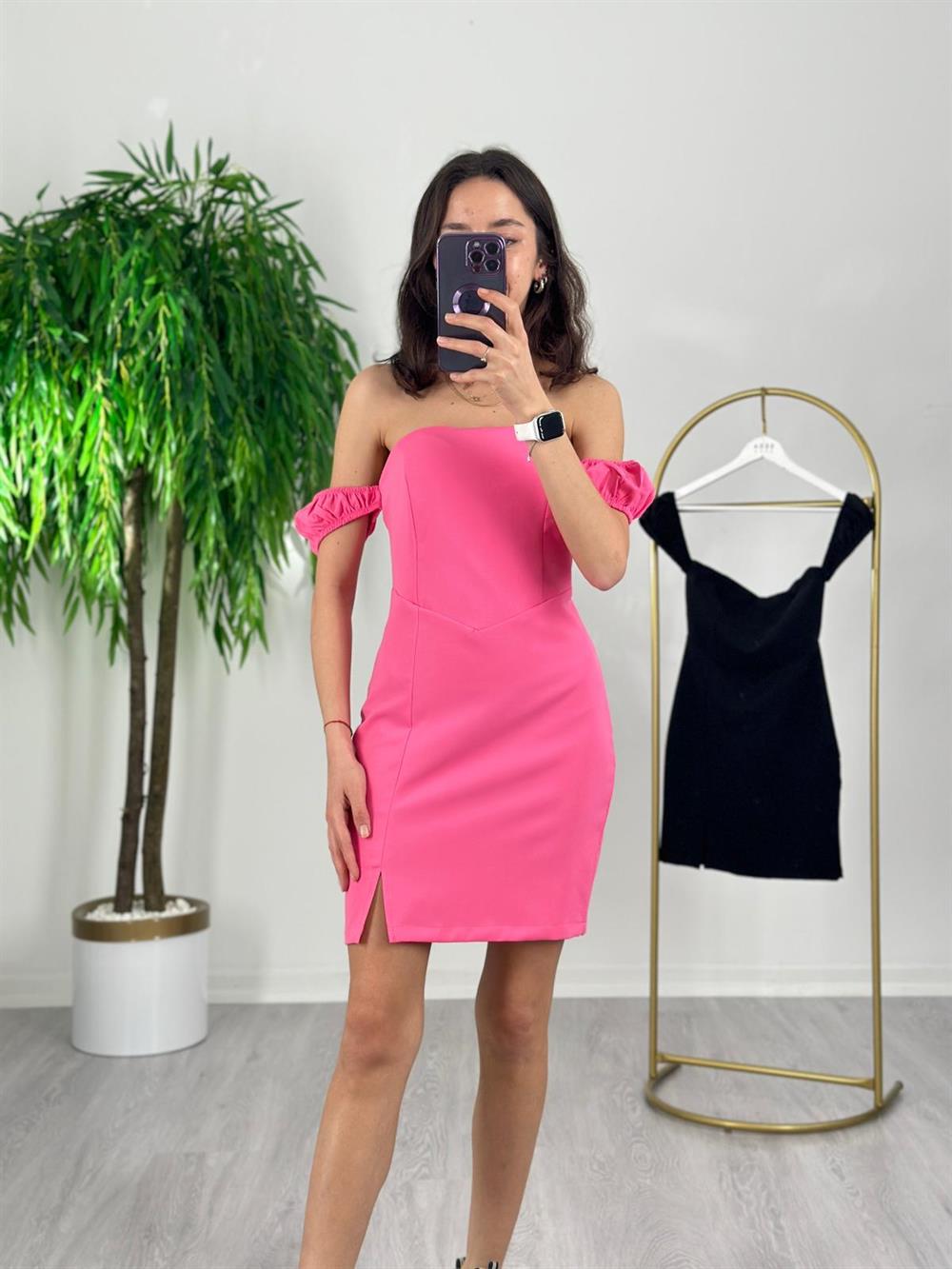 KOL DETAYLI PEMBE KALEM ELBİSE