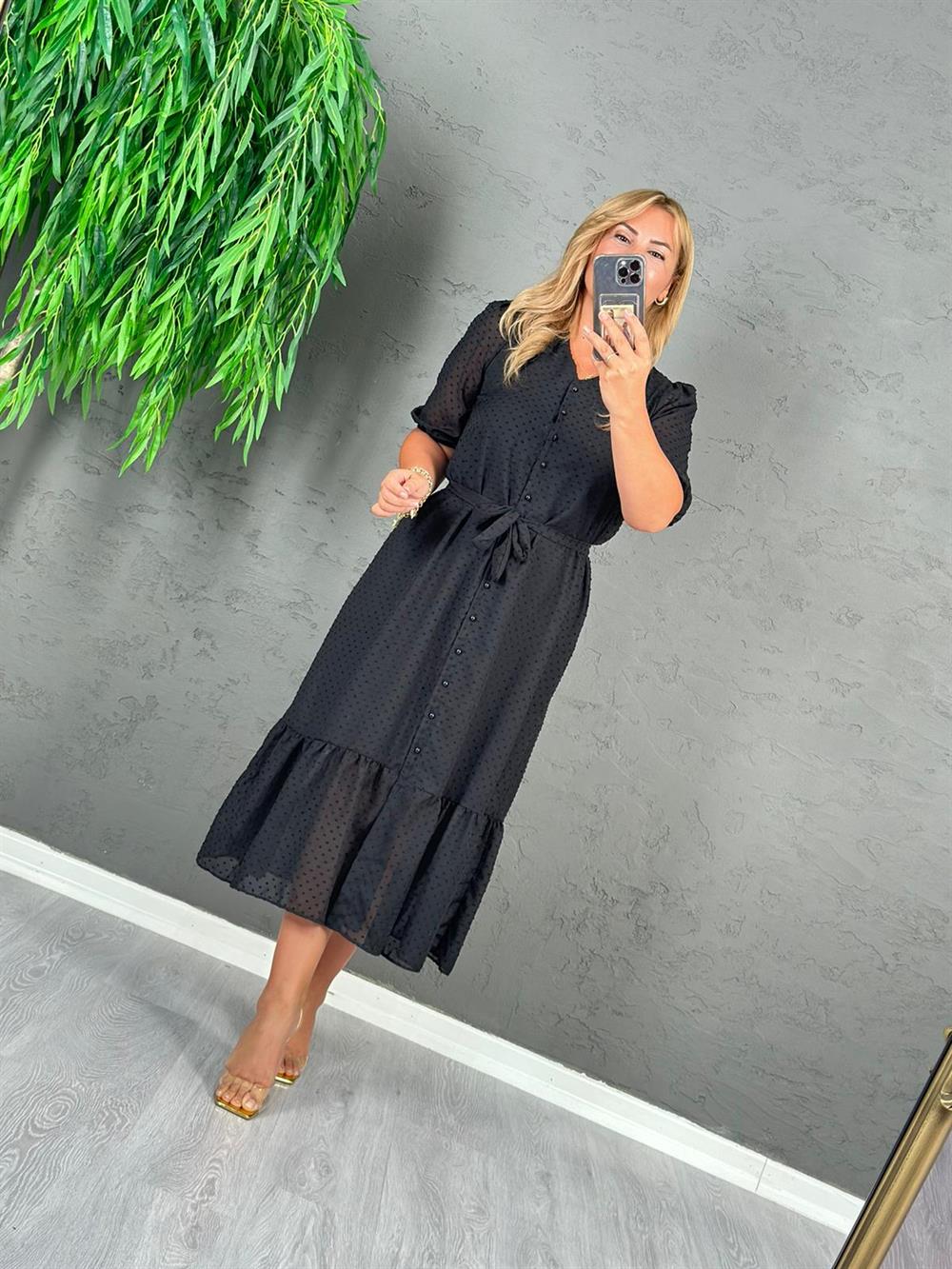 SİYAH ASTARLI KUŞAKLI ELBİSE