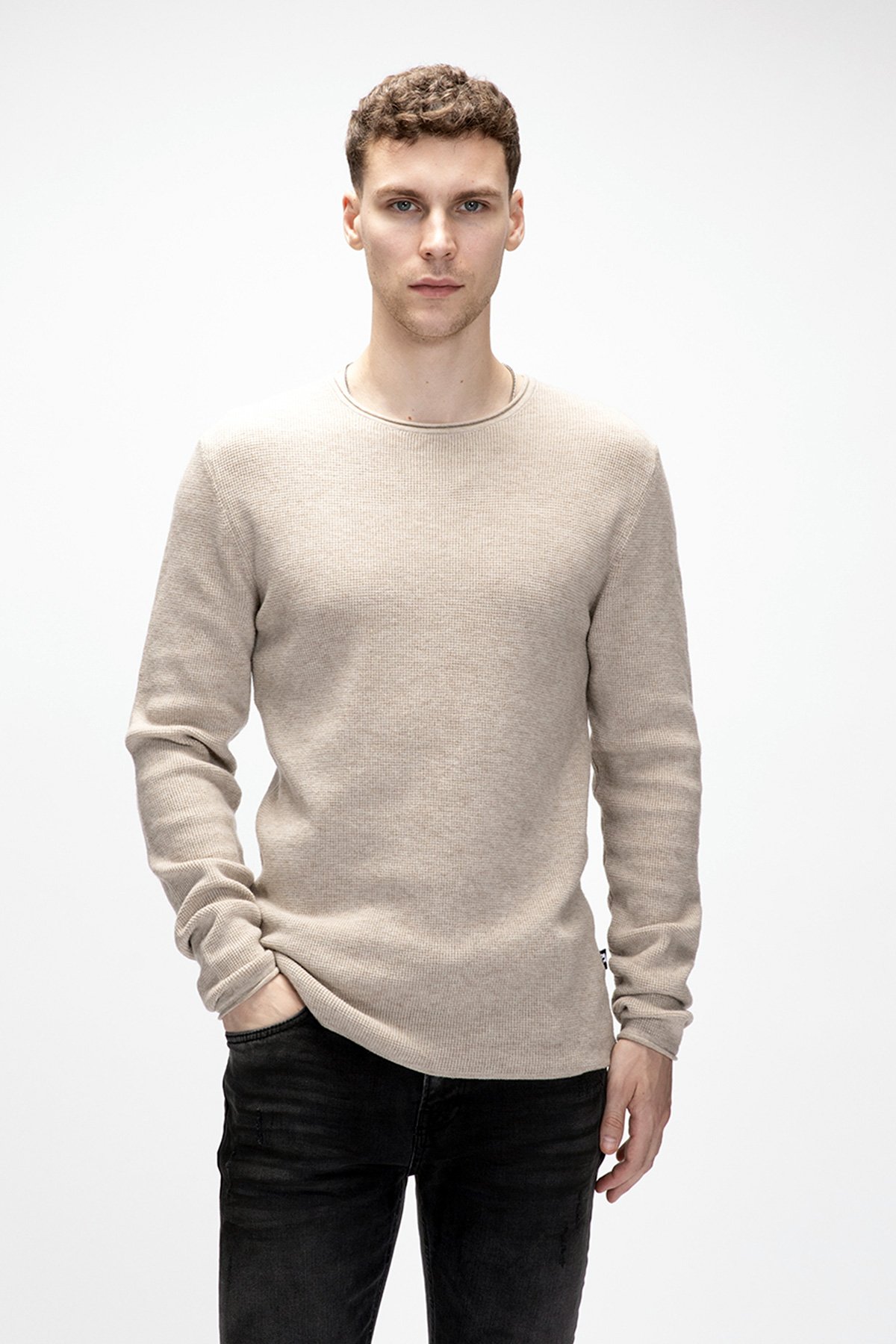 Tender Bej Bisiklet Yaka Erkek Triko Kazak