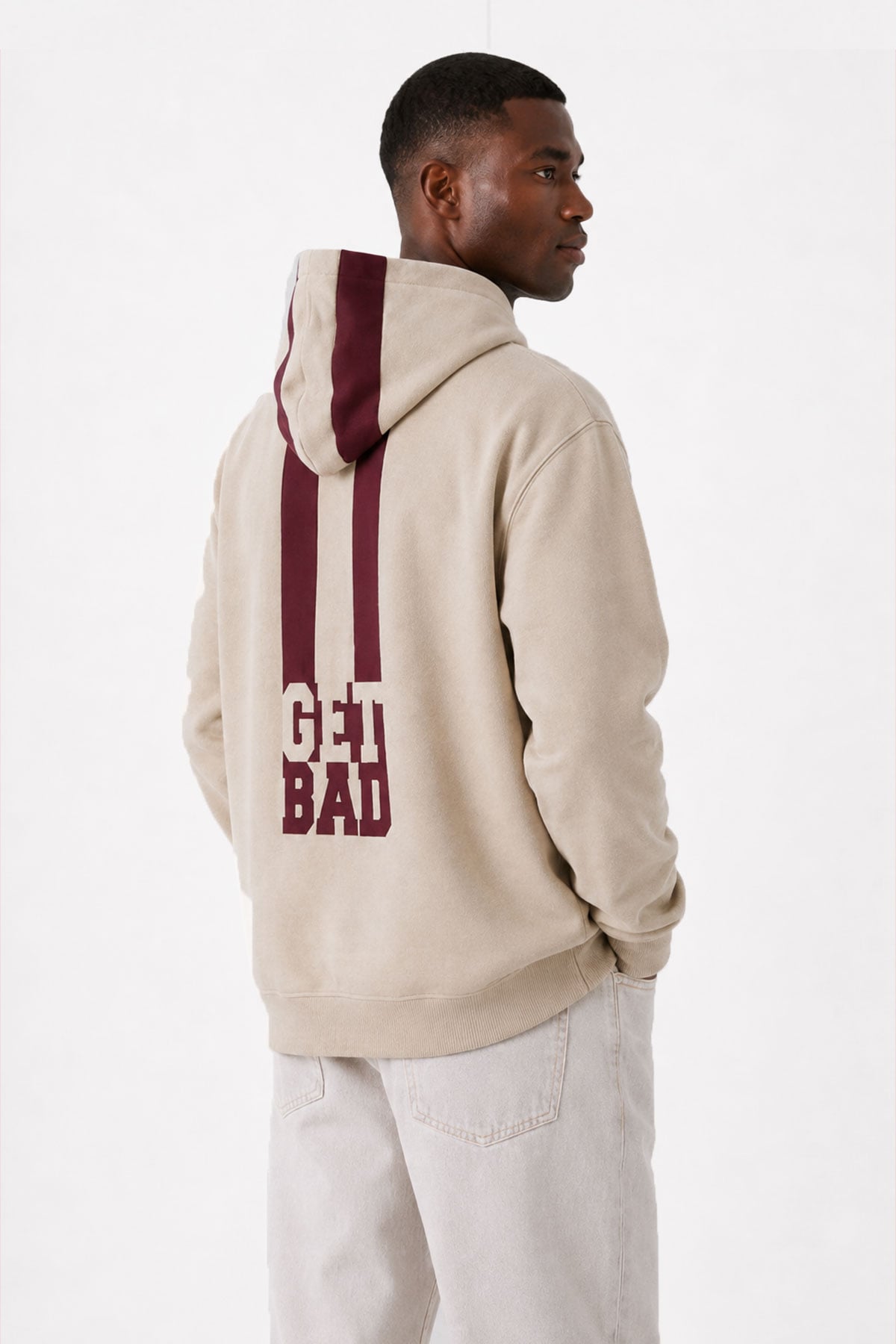 Steap Light Bej Sırt Baskılı Kapüşonlu Erkek Sweatshirt
