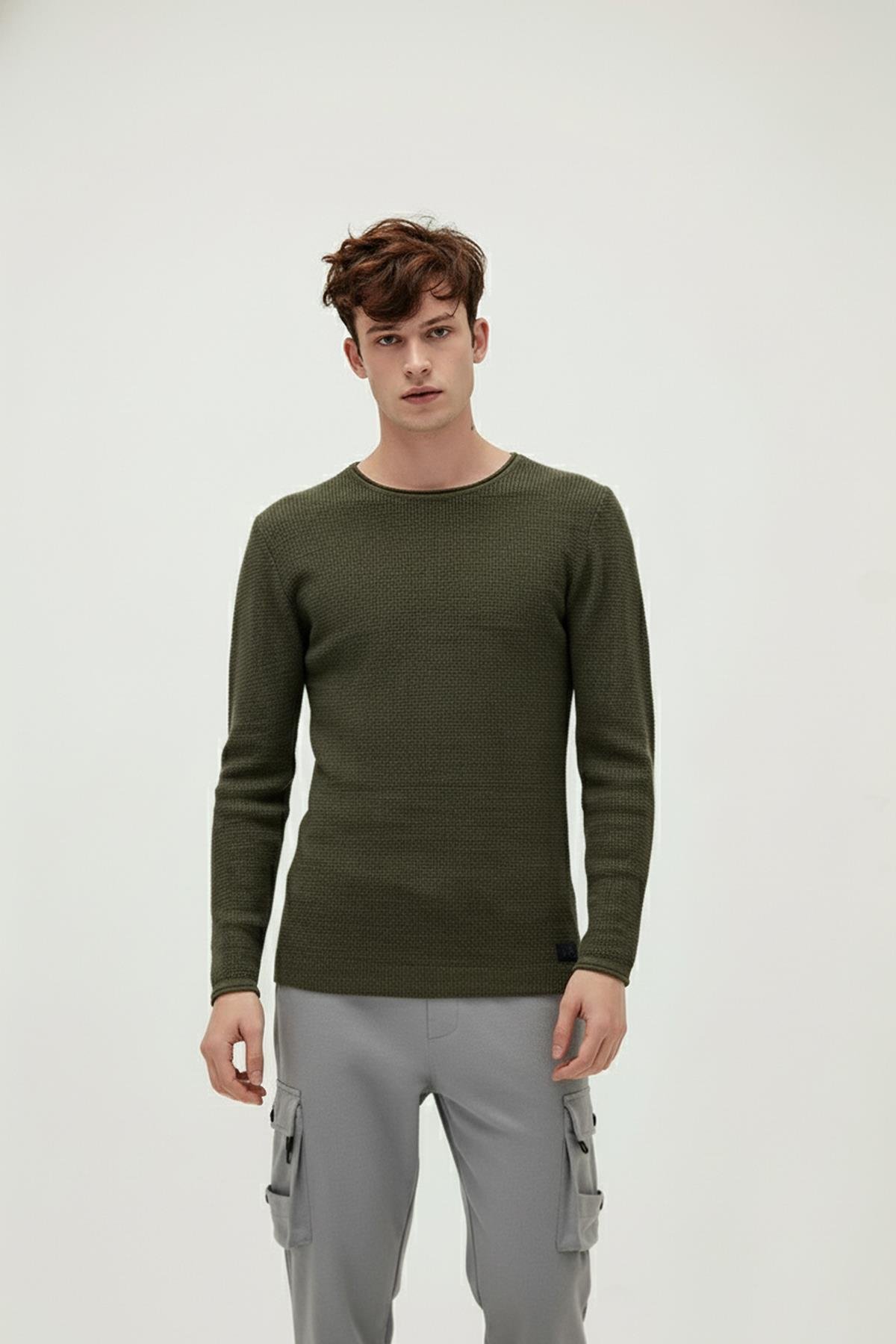 Dapple Knit Haki Yeşil Bisiklet Yaka Erkek Triko Kazak