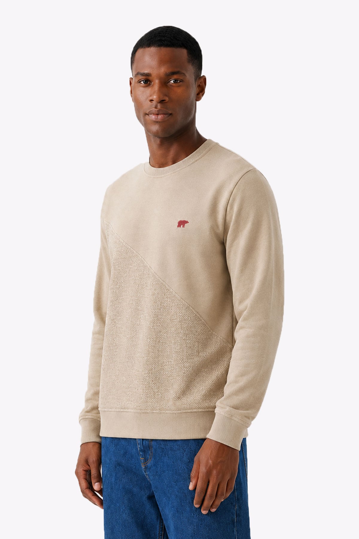 Tune Bej Ters Şerit Detay Erkek Sweatshirt