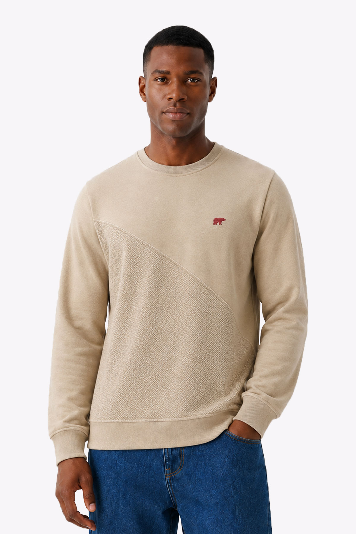 Tune Bej Ters Şerit Detay Erkek Sweatshirt
