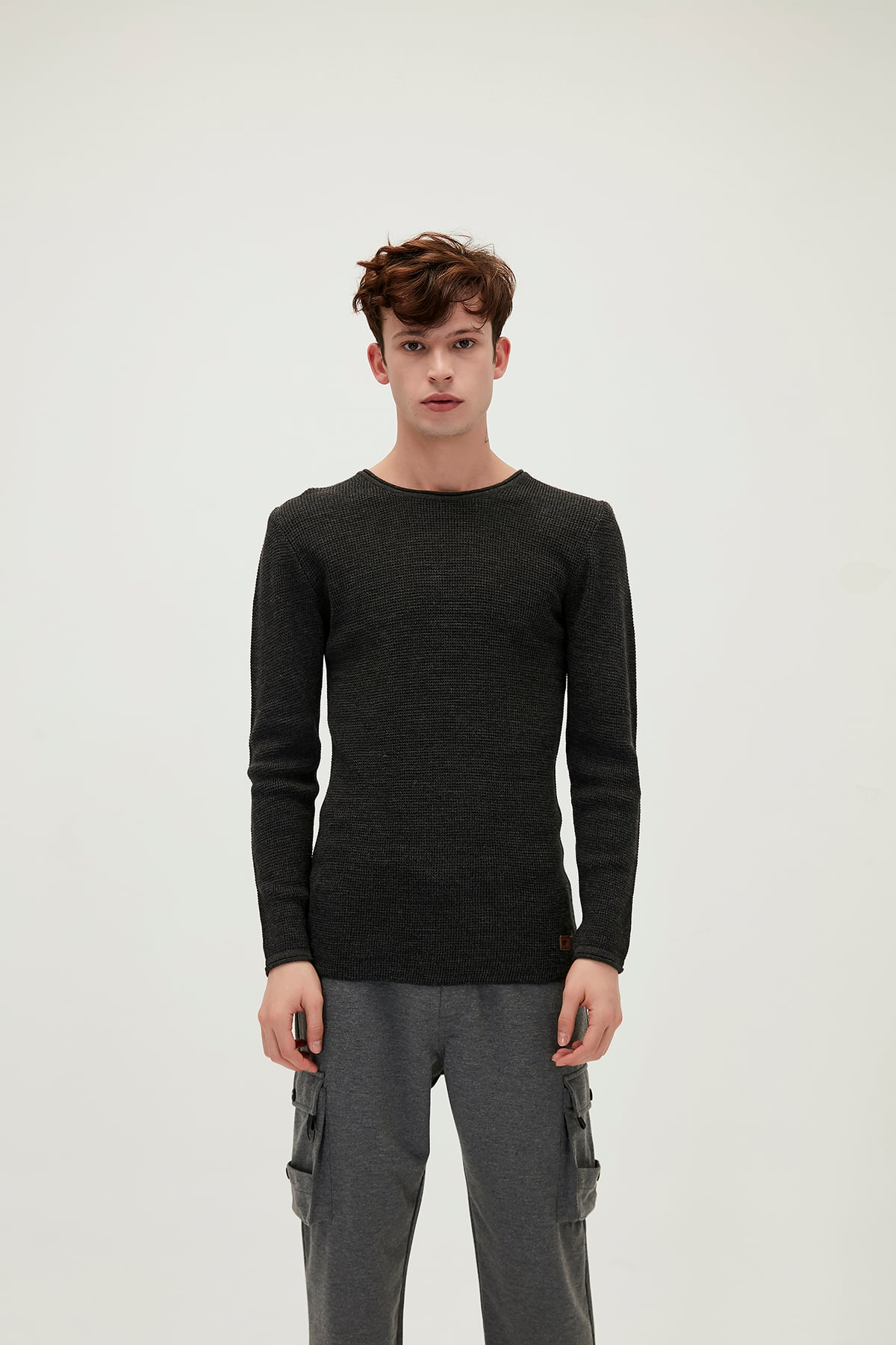 Dapple Knit Antrasit Bisiklet Yaka Erkek Triko Kazak