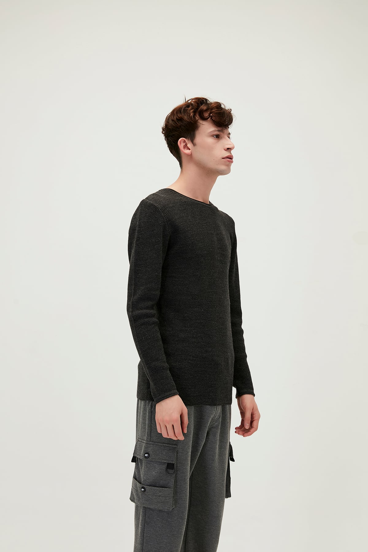 Dapple Knit Antrasit Bisiklet Yaka Erkek Triko Kazak