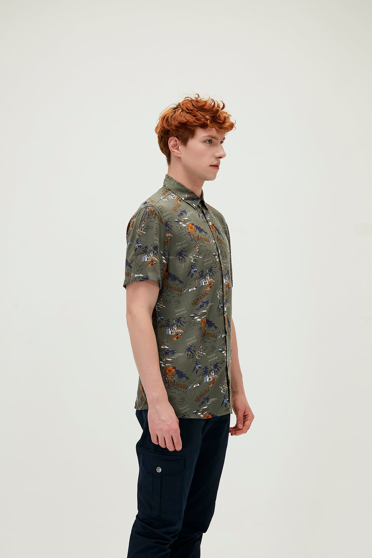 Hector Shirt Haki Kısa Kollu Baskılı Erkek Gömlek