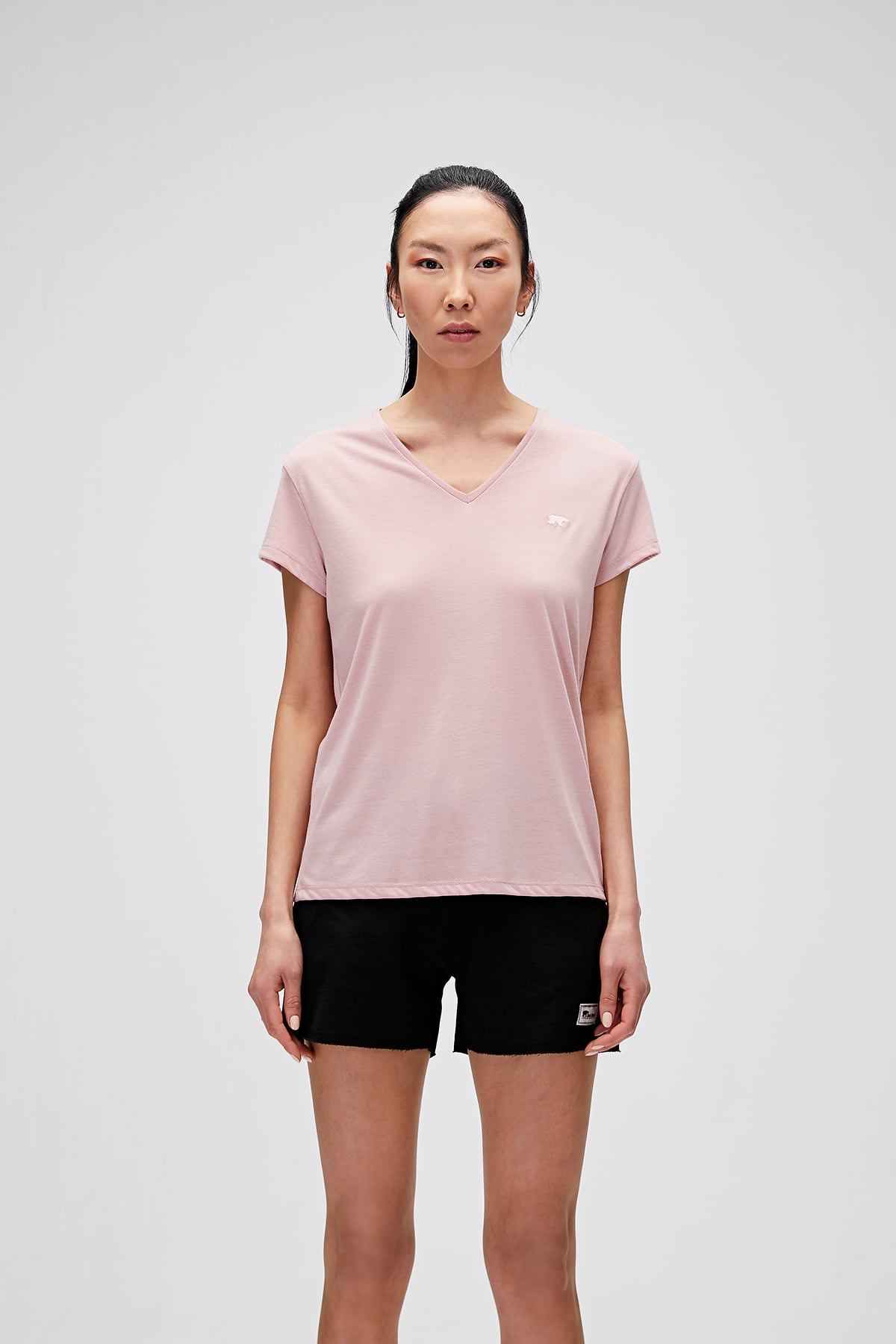 Violet V-Neck T-Shirt Pudra Pembe Basic Kadın Tişört