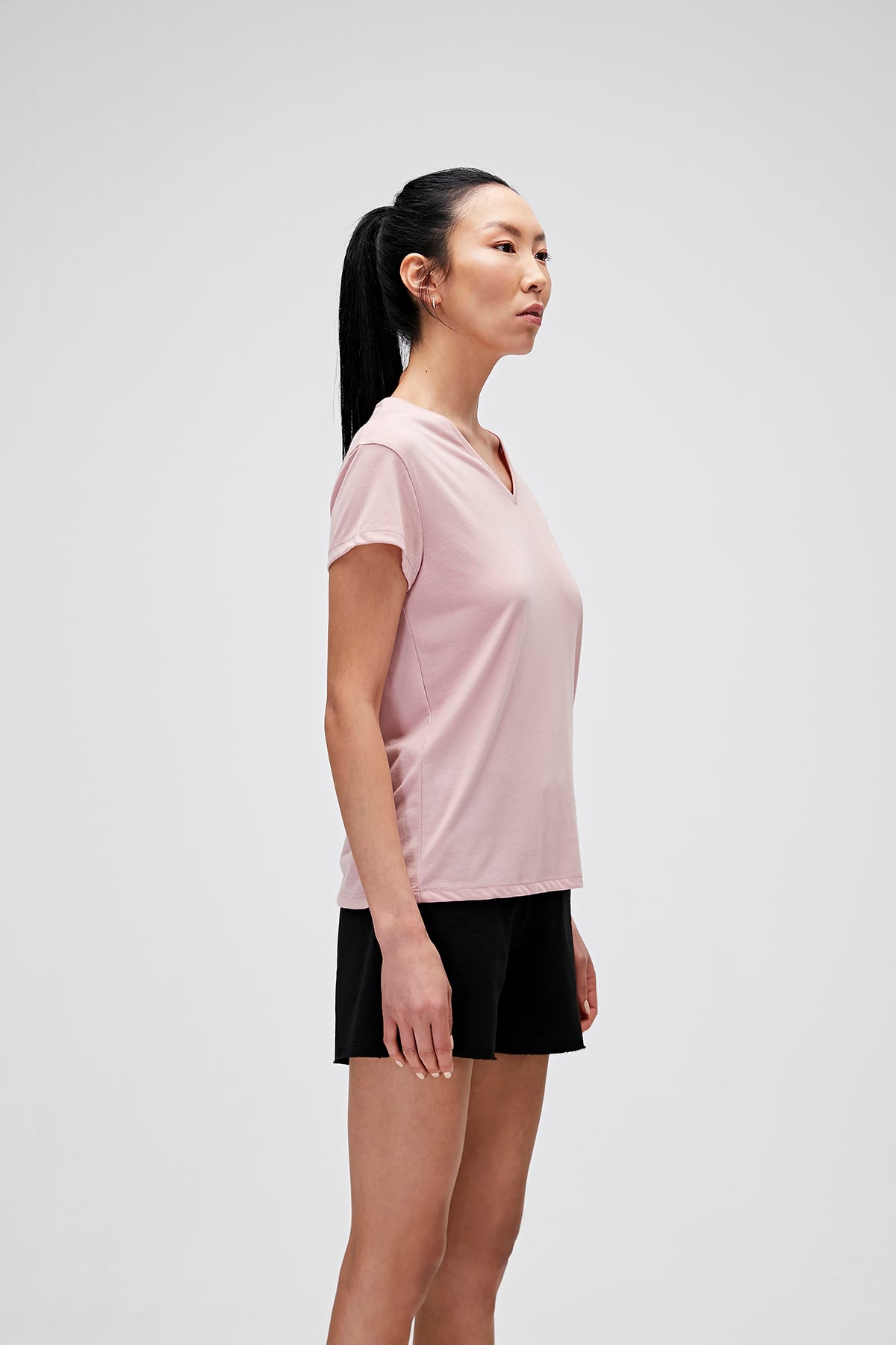 Violet V-Neck T-Shirt Pudra Pembe Basic Kadın Tişört