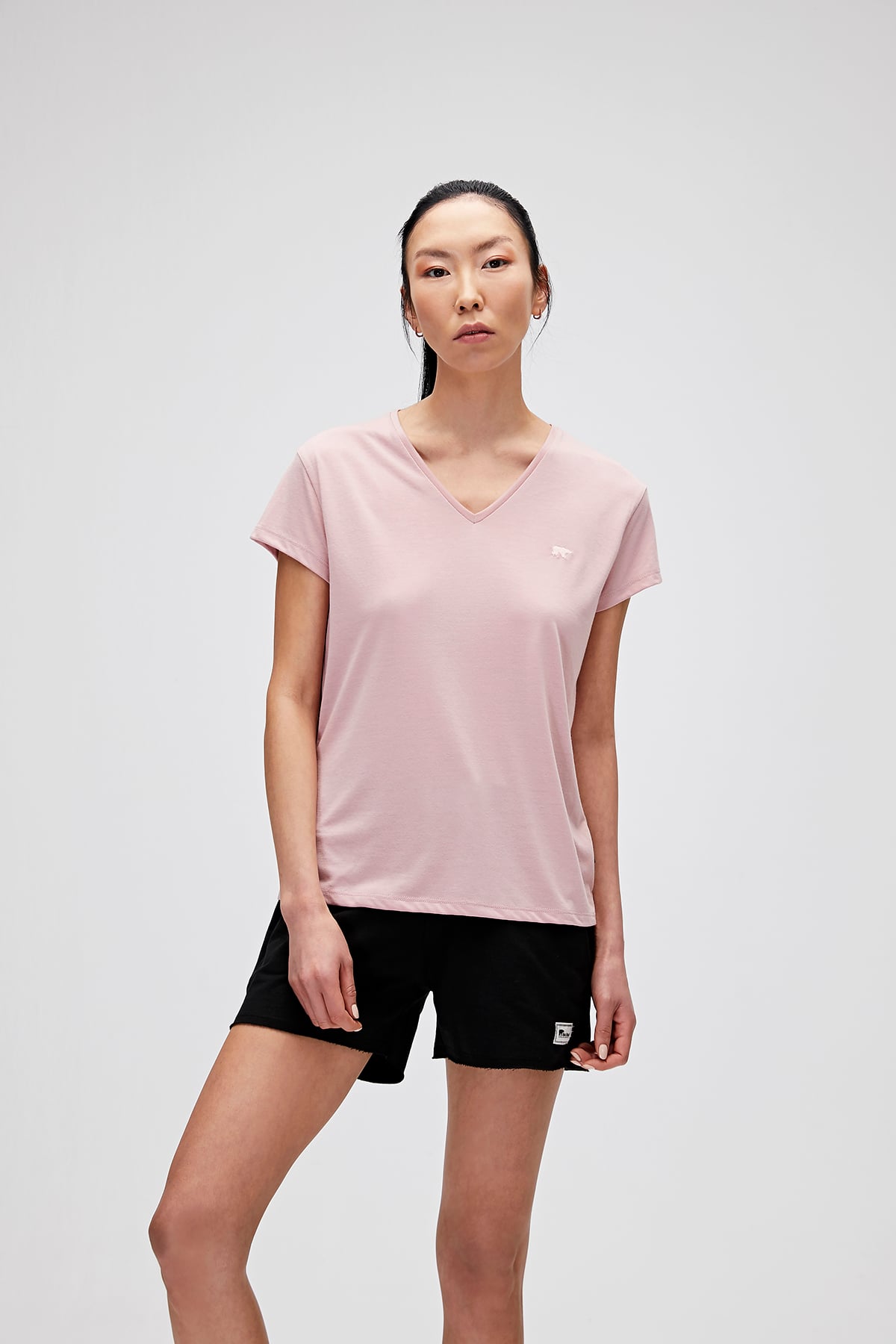 Violet V-Neck T-Shirt Pudra Pembe Basic Kadın Tişört