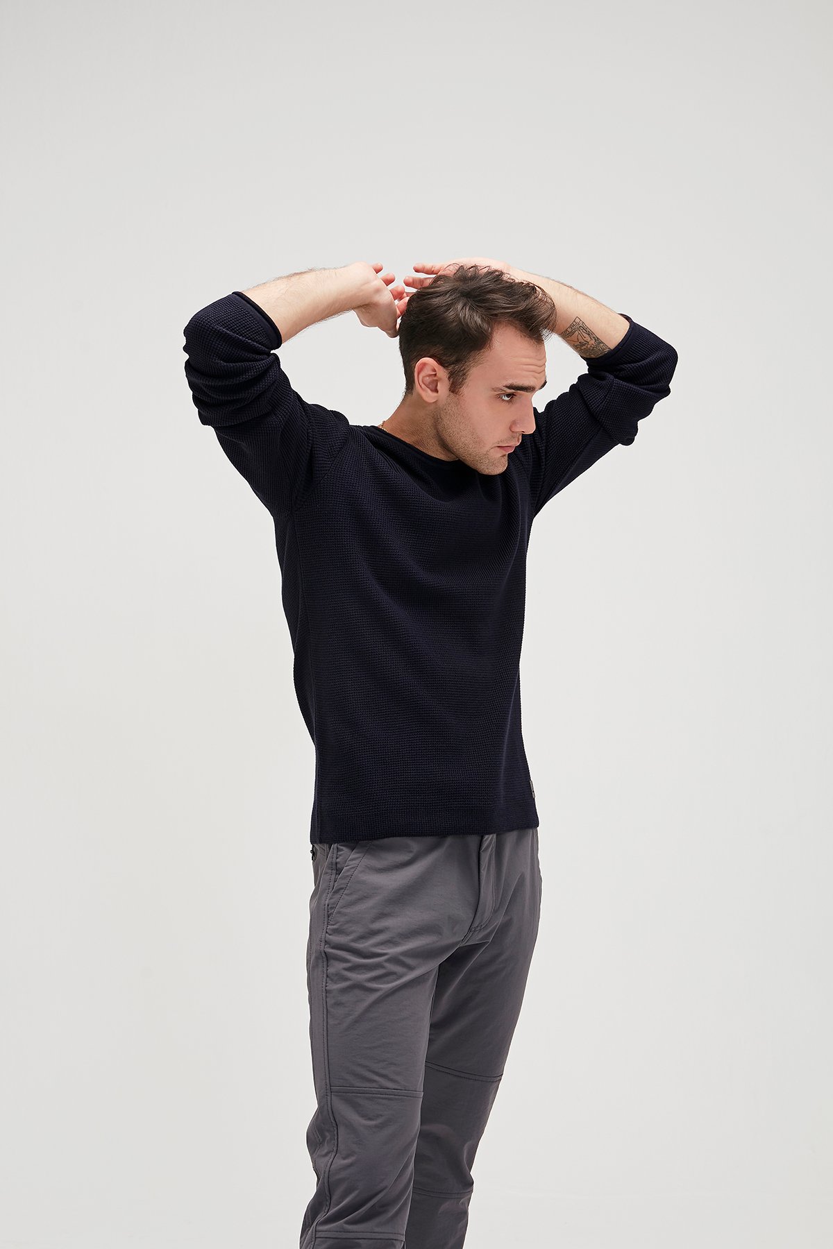 Dapple Knit Lacivert Bisiklet Yaka Erkek Triko Kazak