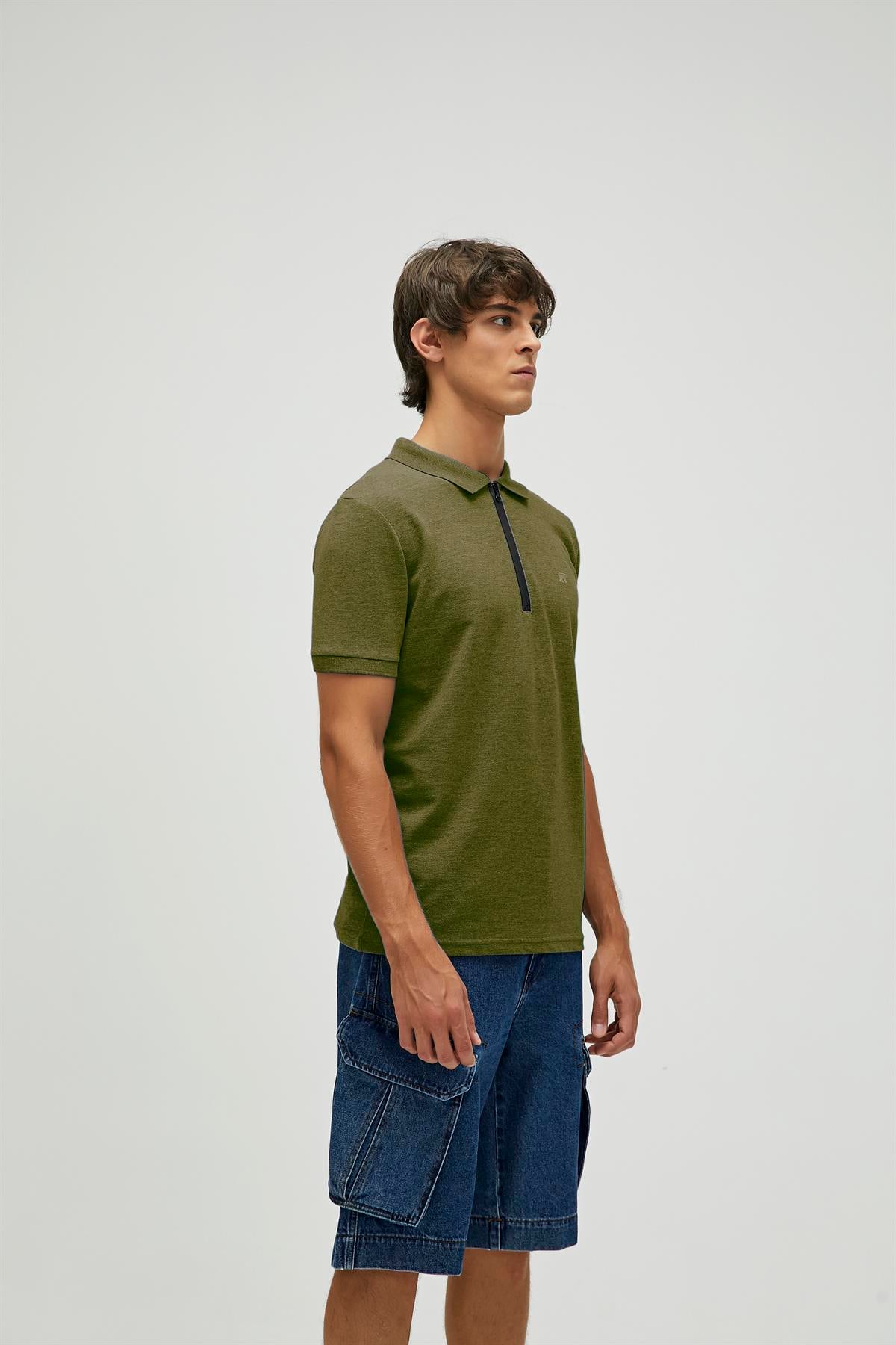 Cord Polo Khaki Zipper Mens Shirt